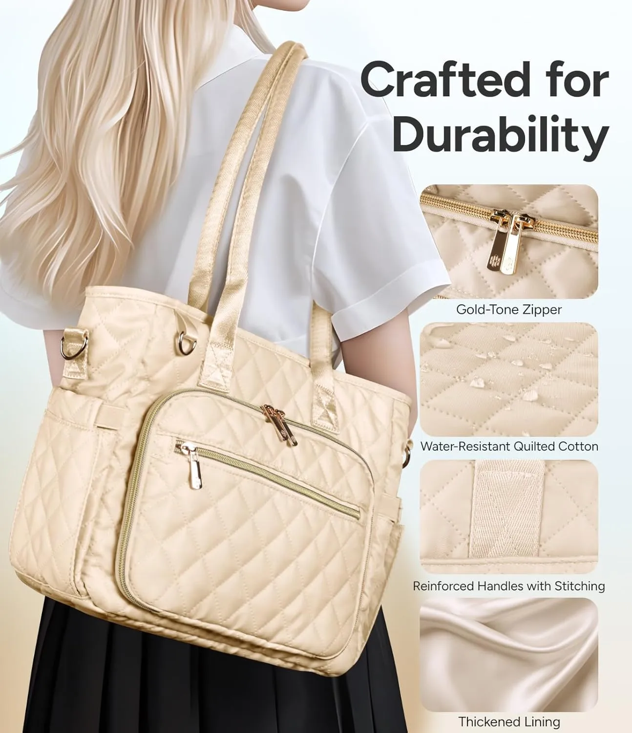 Large Bible Bag with Bible Cover Case for Women, Church Bag with shoulder strap, Quilted Bible Cover for Bible Study Supplies, a Christian Gift for Women, Beige