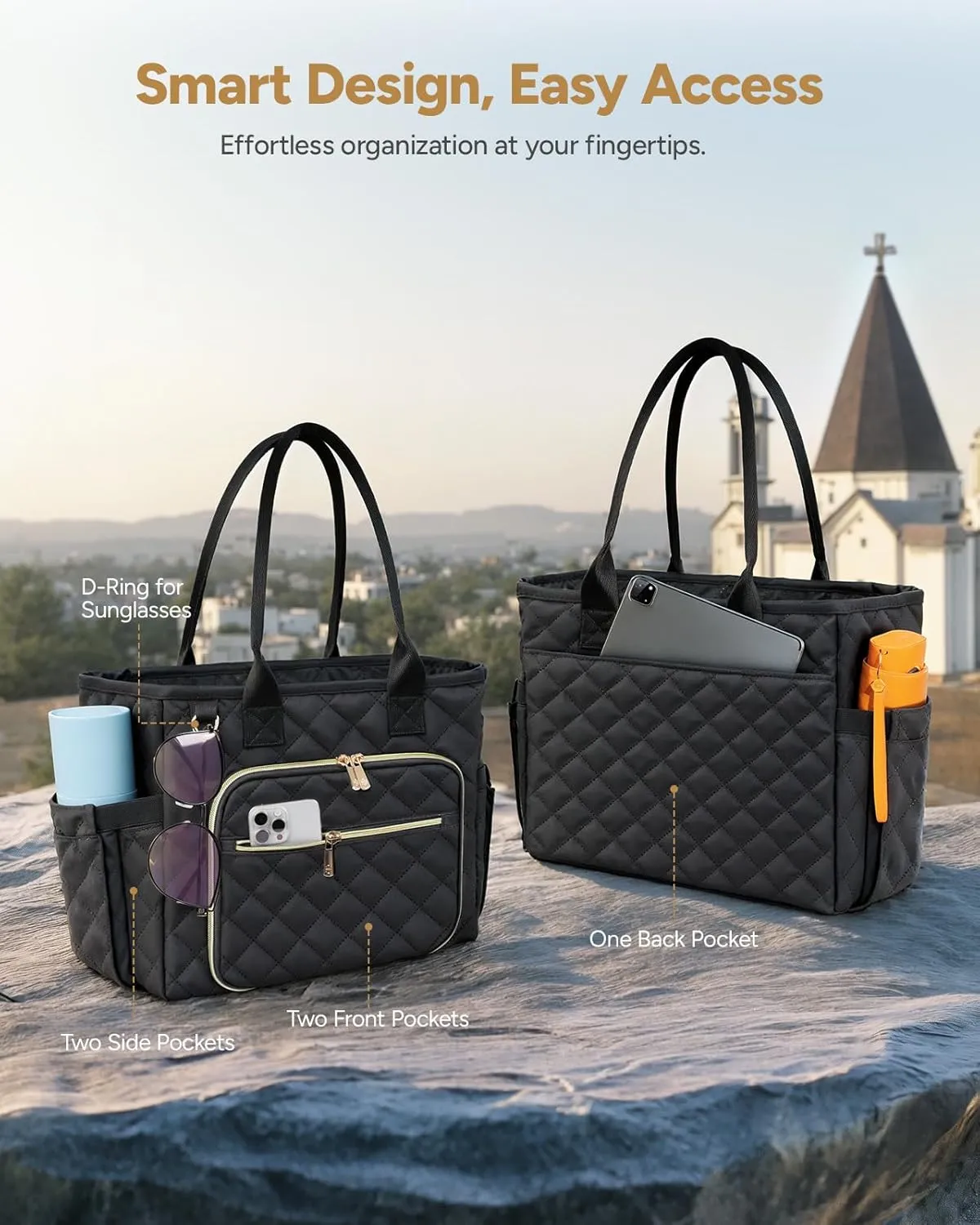 Large Bible Bag with Bible Cover Case for Women, Church Bag with Shoulder Strap, Quilted Bible Cover for Bible Study Supplies, a Christian Gift for Women, Black