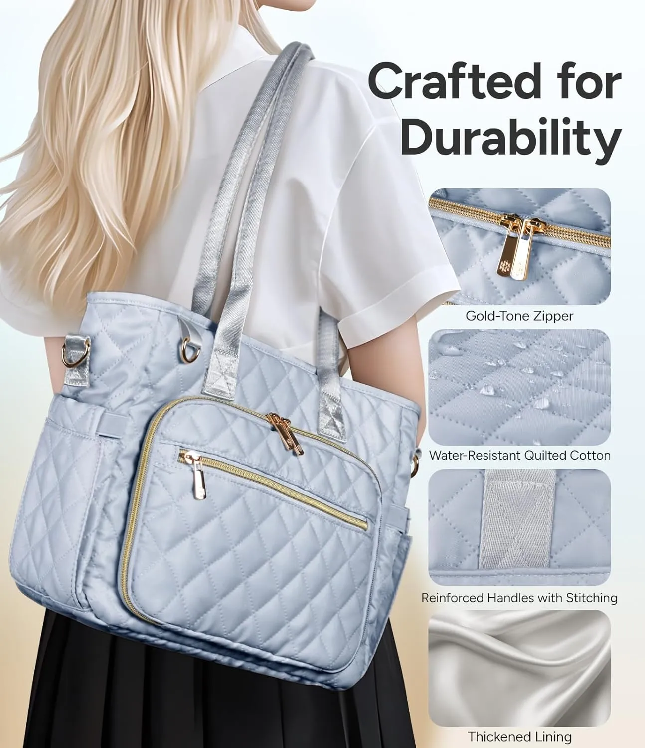 Large Bible Bag with Bible Cover Case for Women, Church Bag with Shoulder Strap, Quilted Bible Cover for Bible Study Supplies, a Christian Gift for Women, Blue