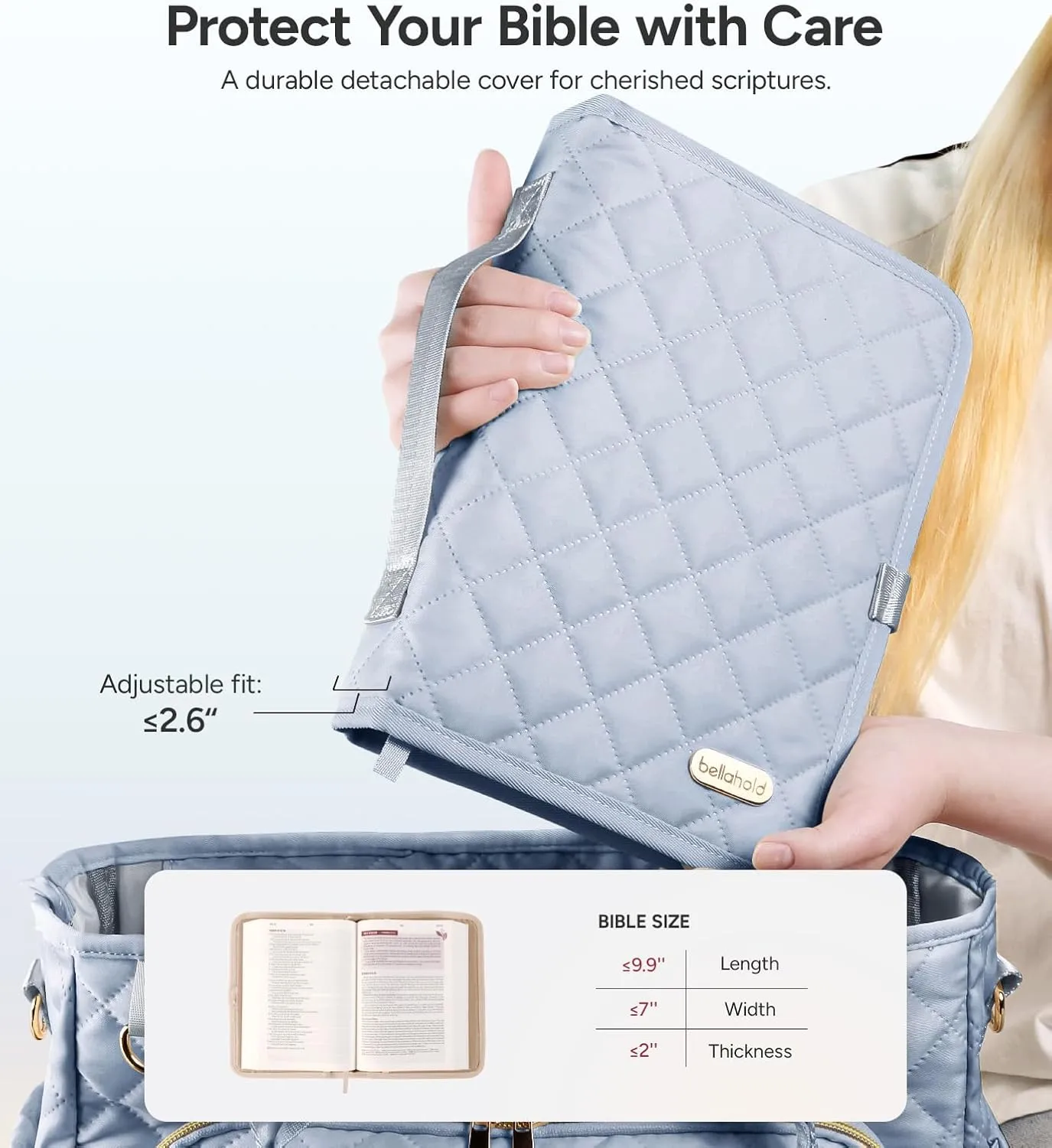 Large Bible Bag with Bible Cover Case for Women, Church Bag with Shoulder Strap, Quilted Bible Cover for Bible Study Supplies, a Christian Gift for Women, Blue