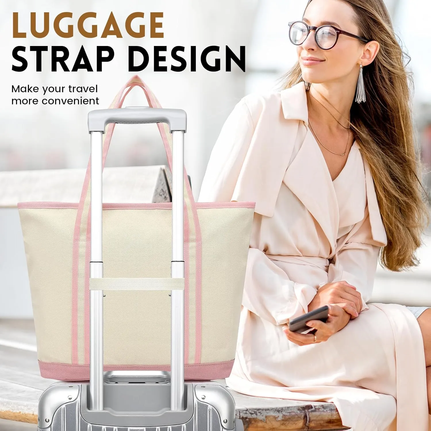Large Canvas Tote Bag for Women, Beach Bag with Zipper, Utility Tote Bag with 3 Front Pockets, Weekender Pool Bag