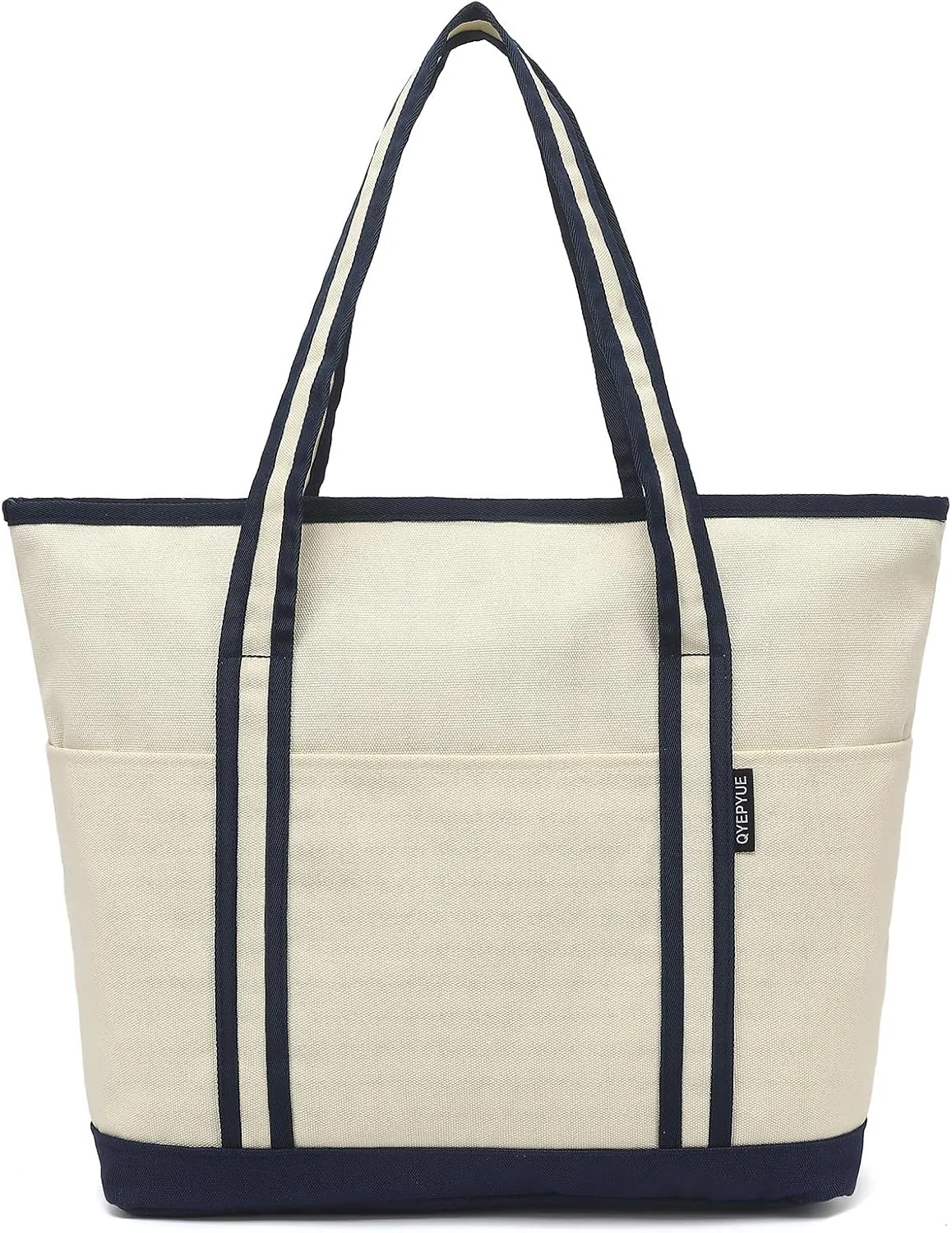 Large Canvas Tote Bag for Women, Beach Bag with Zipper, Utility Tote Bag with 3 Front Pockets, Weekender Pool Bag