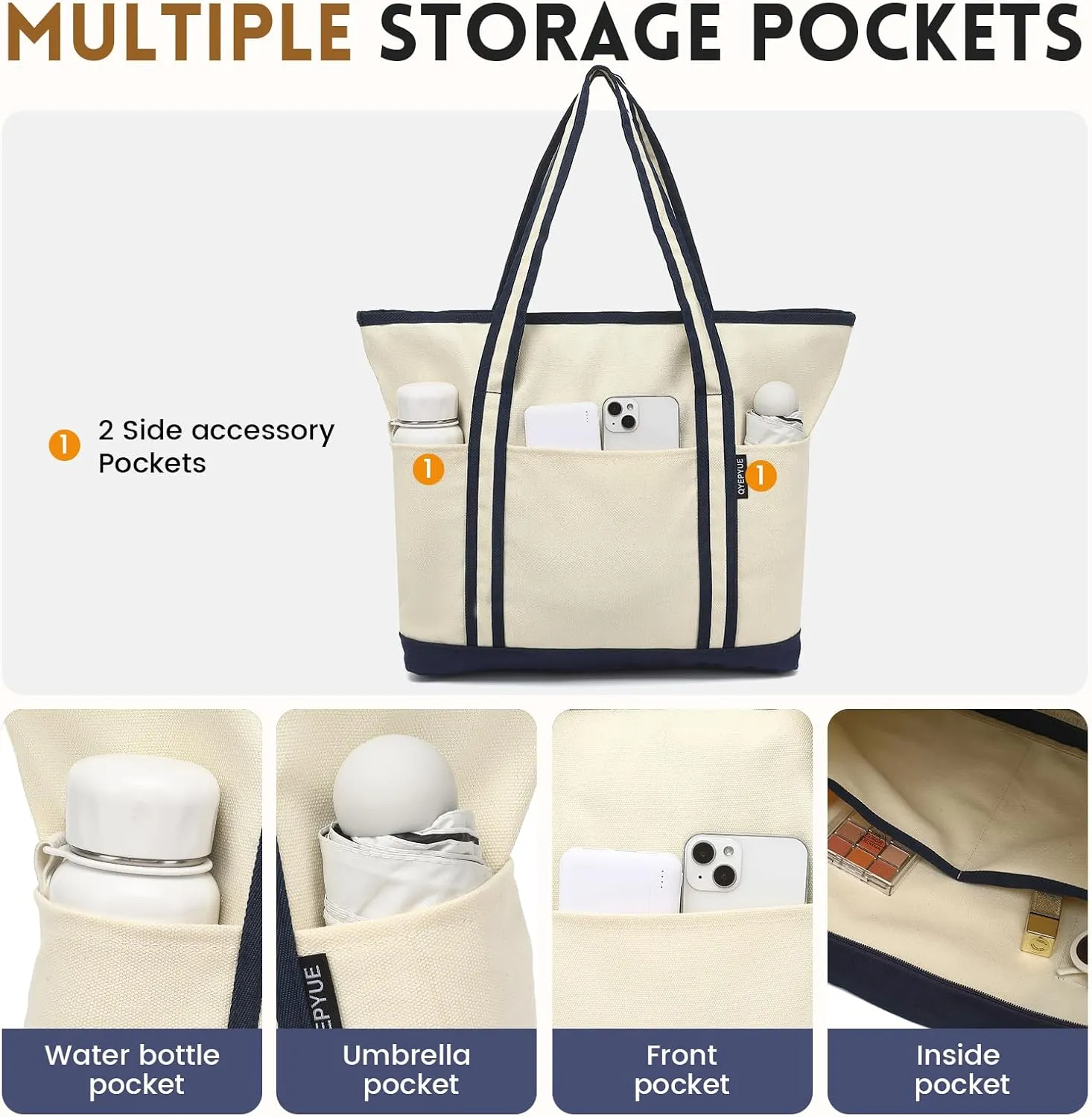 Large Canvas Tote Bag for Women, Beach Bag with Zipper, Utility Tote Bag with 3 Front Pockets, Weekender Pool Bag