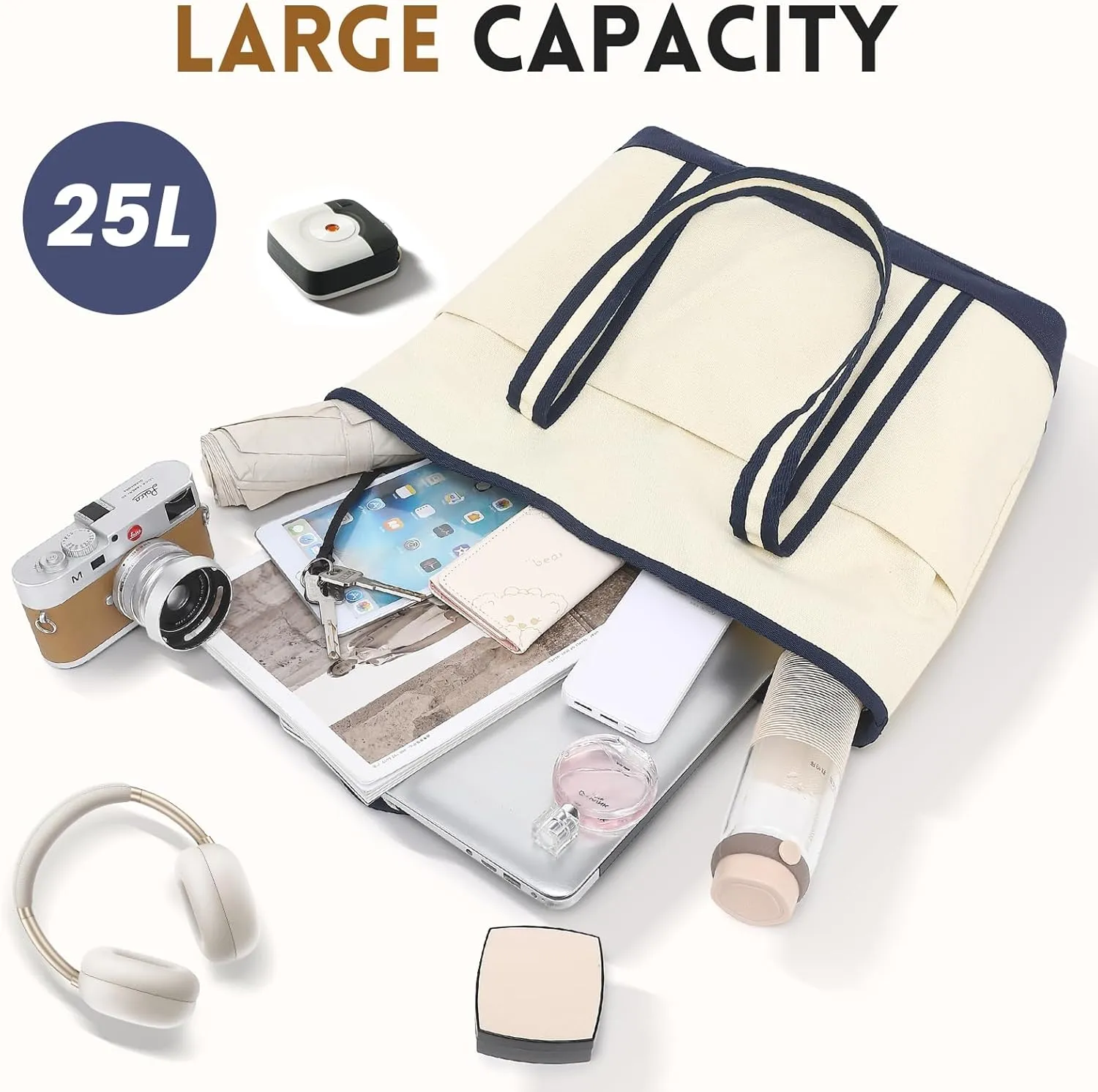Large Canvas Tote Bag for Women, Beach Bag with Zipper, Utility Tote Bag with 3 Front Pockets, Weekender Pool Bag