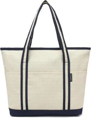 Large Canvas Tote Bag for Women, Beach Bag with Zipper, Utility Tote Bag with 3 Front Pockets, Weekender Pool Bag