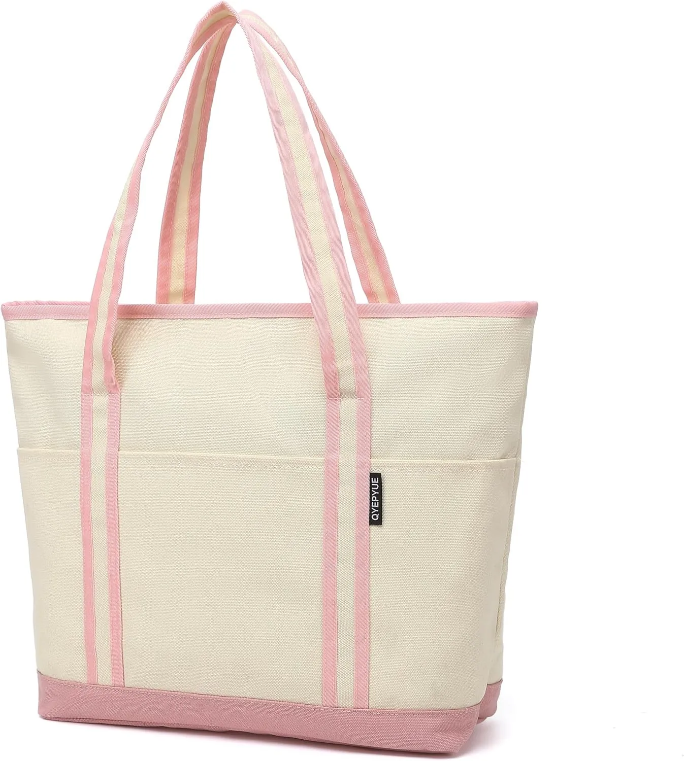 Large Canvas Tote Bag for Women, Beach Bag with Zipper, Utility Tote Bag with 3 Front Pockets, Weekender Pool Bag