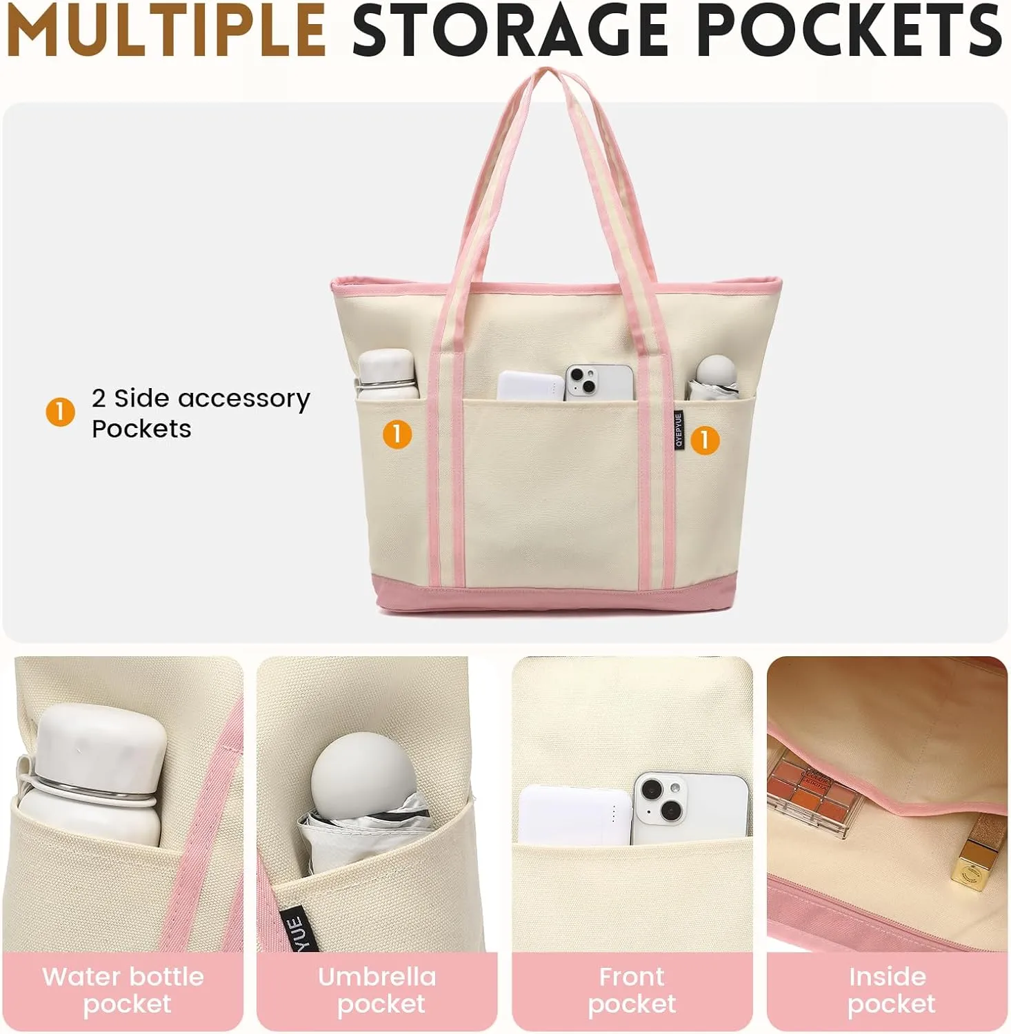 Large Canvas Tote Bag for Women, Beach Bag with Zipper, Utility Tote Bag with 3 Front Pockets, Weekender Pool Bag
