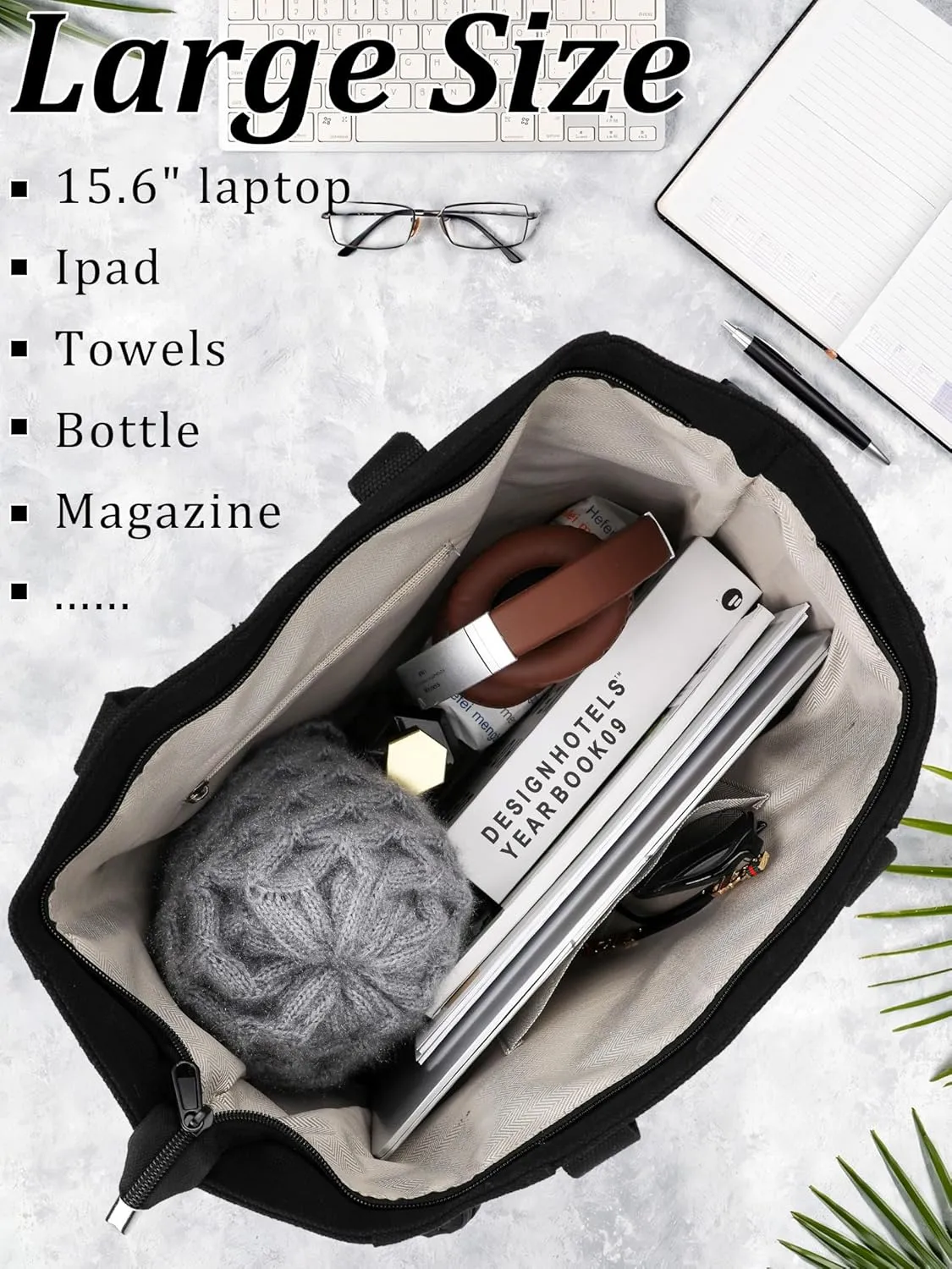 Large Canvas Tote Bag for Women - Durable Tote bags with interior Pocket and Zipper perfect for Travel and Daily Use