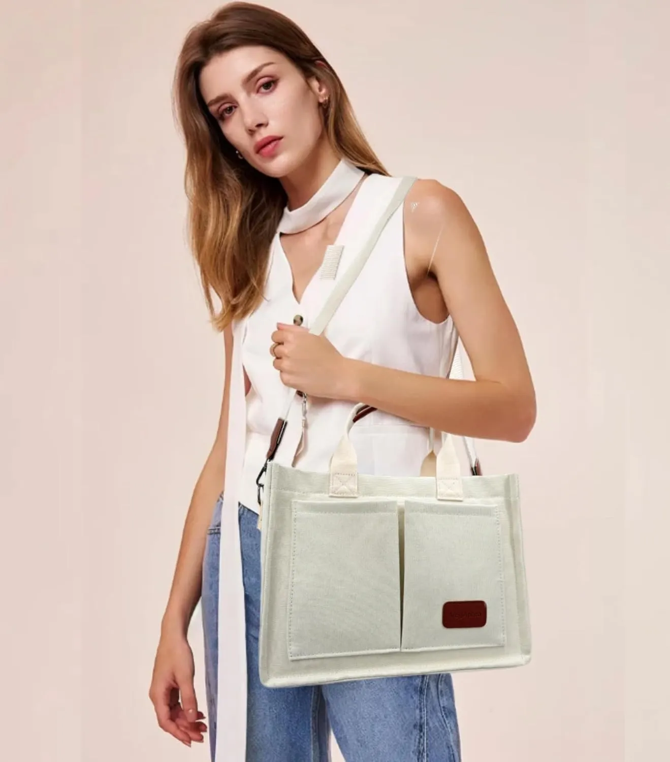Large Canvas Tote Bag for Women Work Tote Bags with Pockets Laptop Crossbody Purses Everyday Bag Handbags for Travel