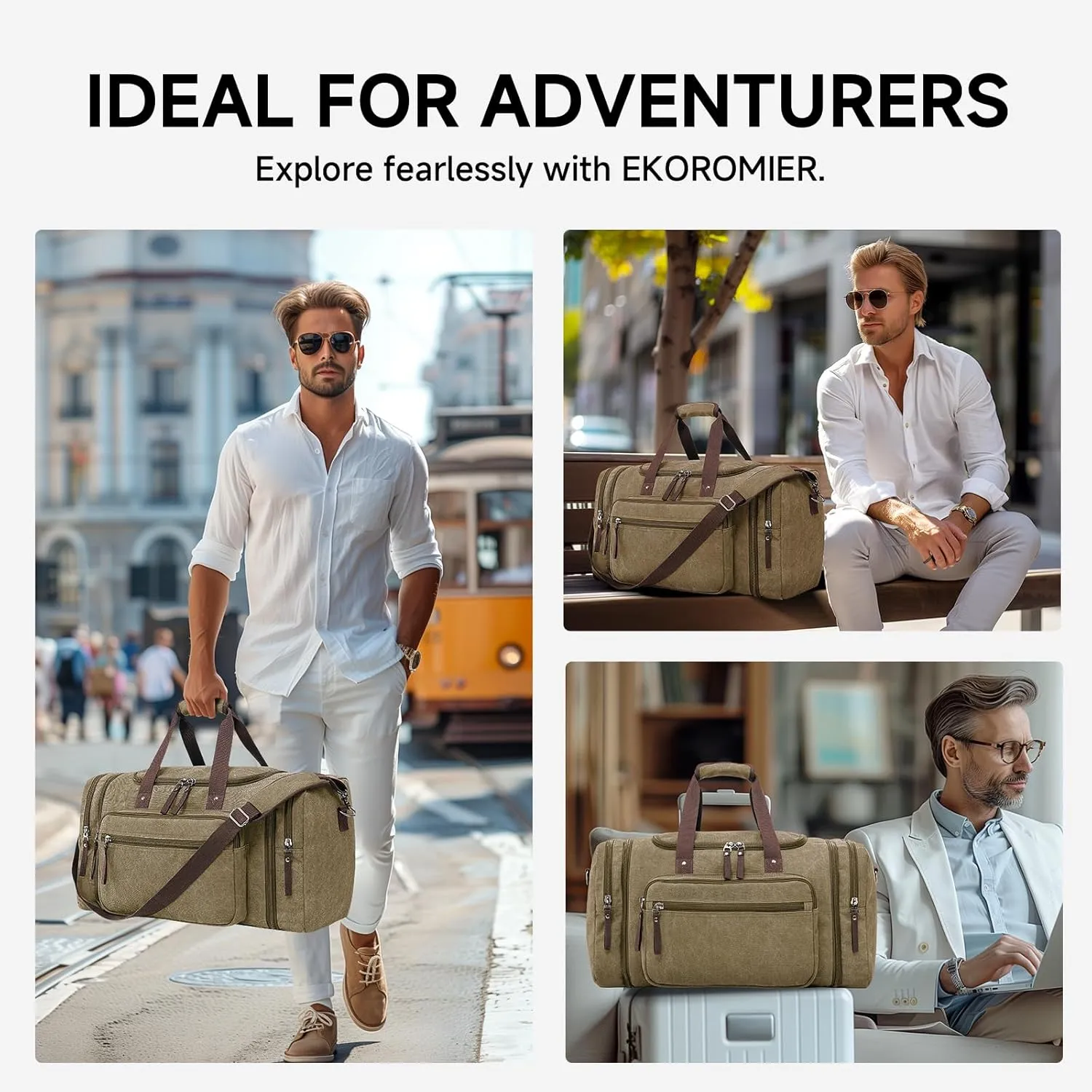 Large Canvas Travel Duffle Bag - Expandable to 67L, Durable Weekender for Men & Women - Ideal for Airplanes Travel, Gym, and Business(Coffee)
