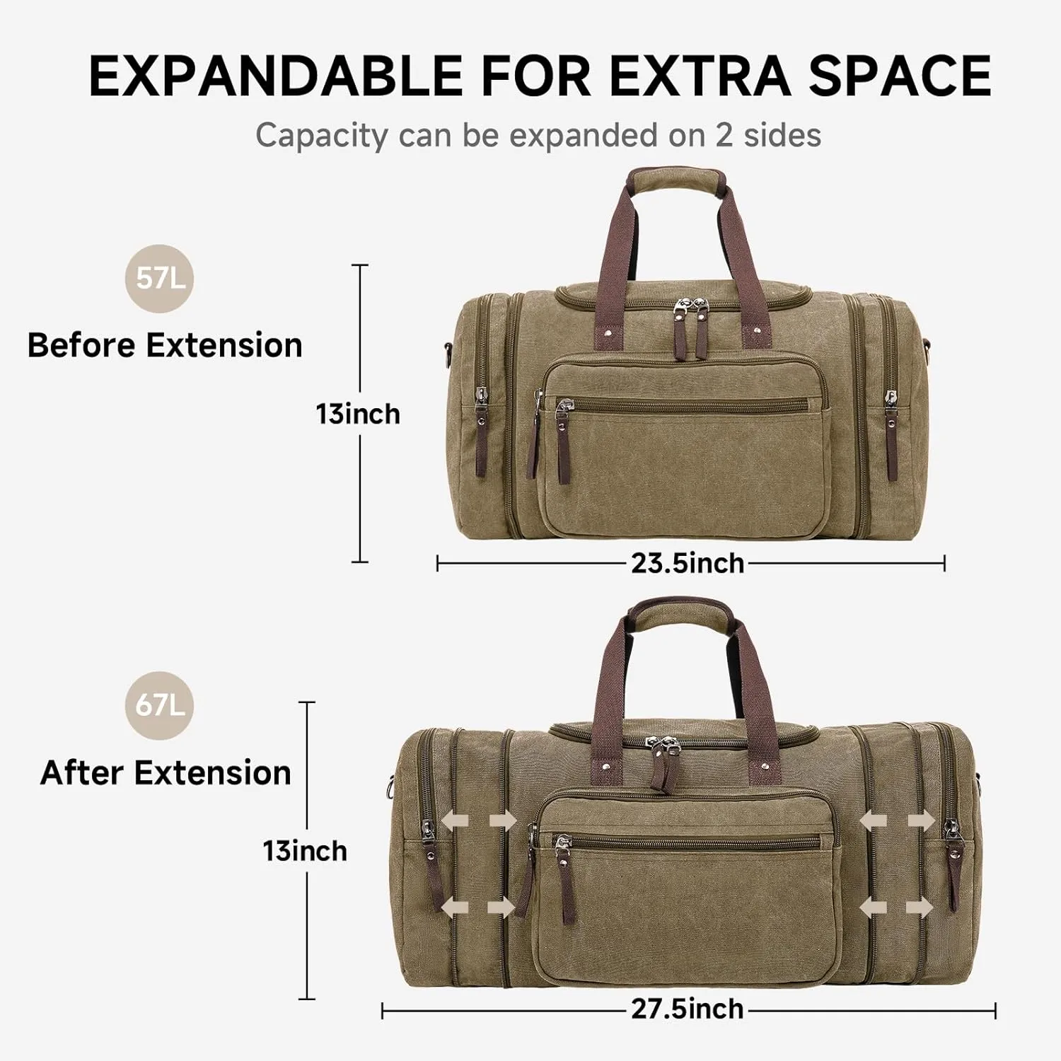 Large Canvas Travel Duffle Bag - Expandable to 67L, Durable Weekender for Men & Women - Ideal for Airplanes Travel, Gym, and Business(Coffee)