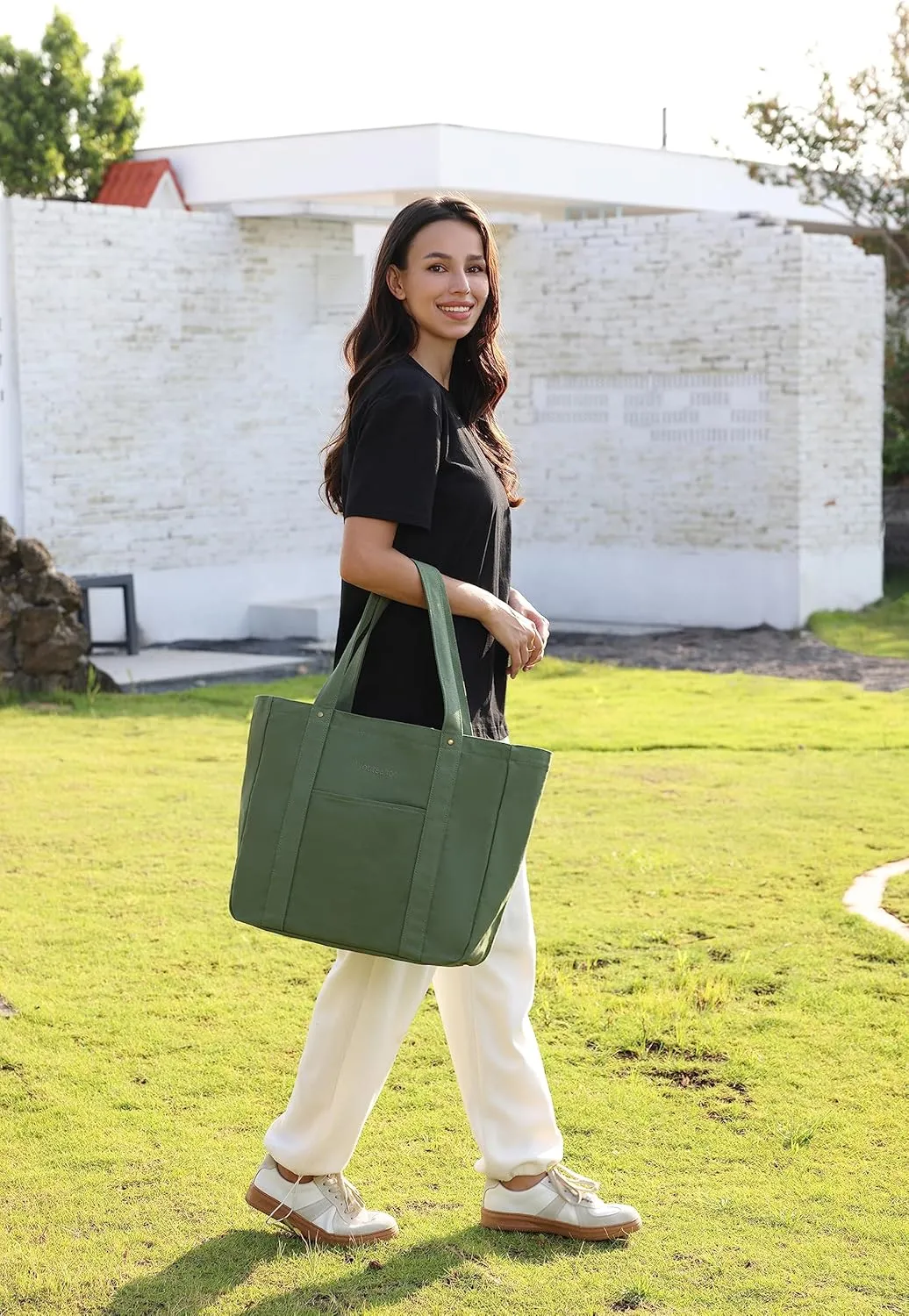 Large Tote Bag for Women with Zipper Closure and Laptop Compartment Canvas Shoulder Bag for Work Holiday and Travel