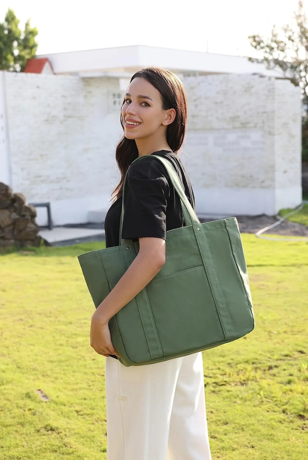 Large Tote Bag for Women with Zipper Closure and Laptop Compartment Canvas Shoulder Bag for Work Holiday and Travel