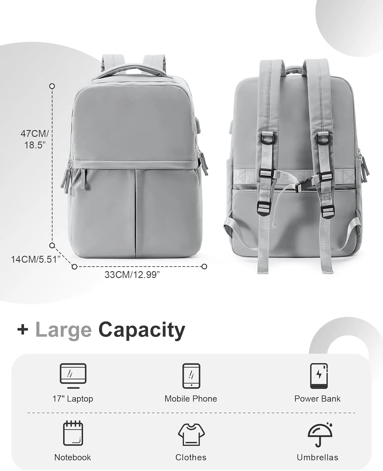 Large Travel Backpack For Women Laptop Backpack Carry On Backpack For Airplanes College Backpacks For Women Men Waterproof Gym Work Backpack For Travel Grey