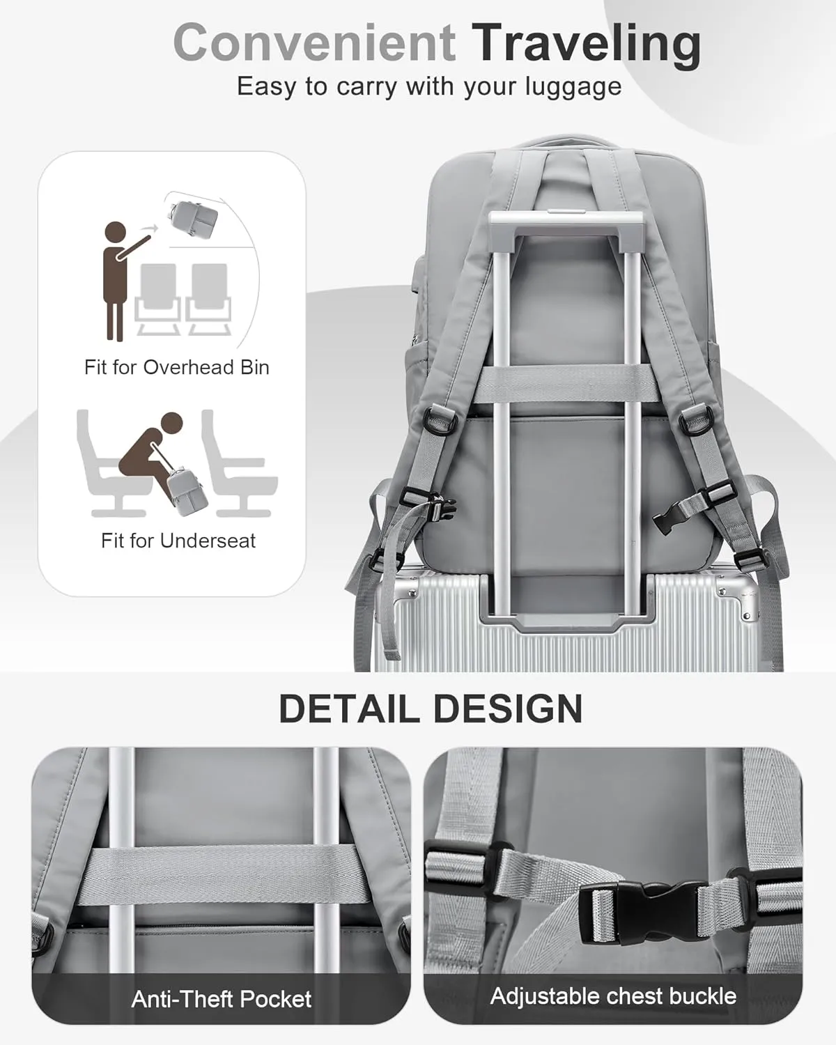 Large Travel Backpack For Women Laptop Backpack Carry On Backpack For Airplanes College Backpacks For Women Men Waterproof Gym Work Backpack For Travel Grey