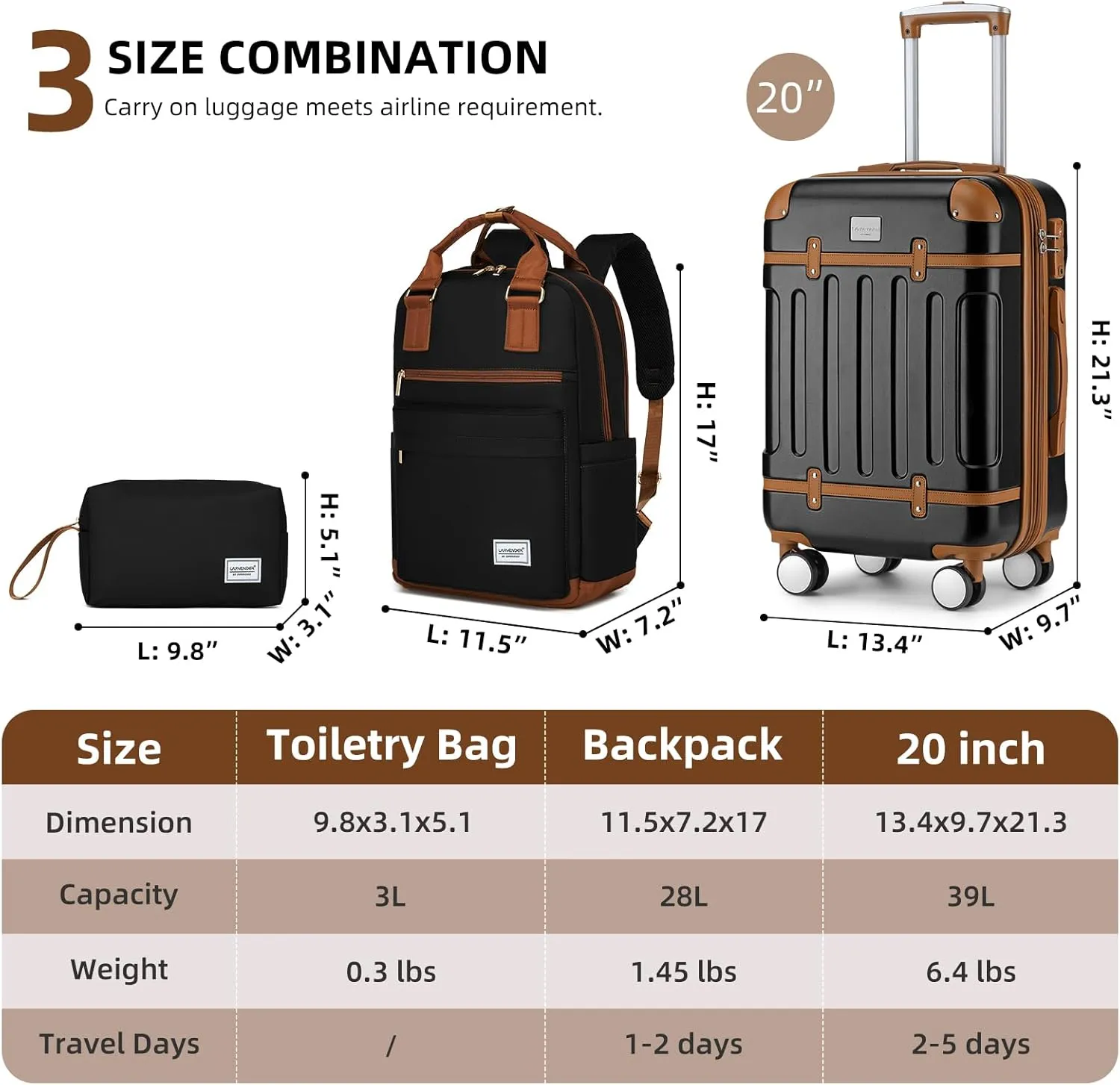 LARVENDER Luggage Sets 3 Piece Expandable Carry on Luggage 22x14x9 Airline Approved Hardshell Suitcase with Wheels TSA Lock, Lightweight Suitcase Set for Women with Travel Backpack, Black