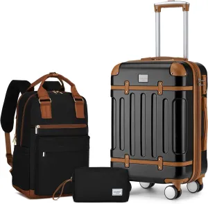 LARVENDER Luggage Sets 3 Piece Expandable Carry on Luggage 22x14x9 Airline Approved Hardshell Suitcase with Wheels TSA Lock, Lightweight Suitcase Set for Women with Travel Backpack, Black