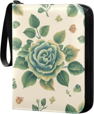 Leafy Roses Green Card Binder 4 Pocket Trading Card Album Fits 400 Sports/Game Cards, PU Cover 3 Ring Card Collection with 50 Removable Sleeves
