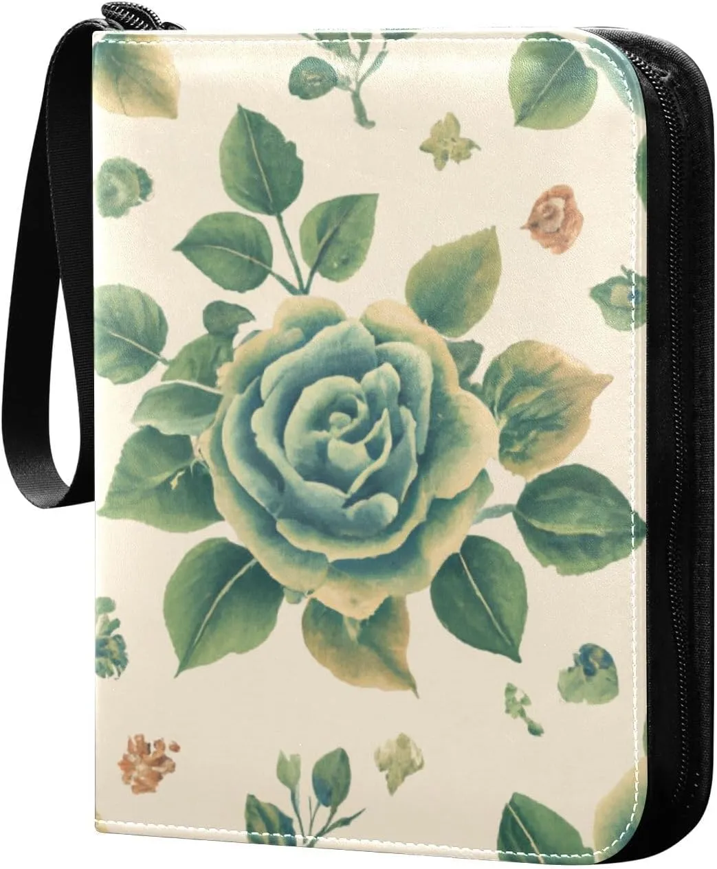 Leafy Roses Green Card Binder 4 Pocket Trading Card Album Fits 400 Sports/Game Cards, PU Cover 3 Ring Card Collection with 50 Removable Sleeves