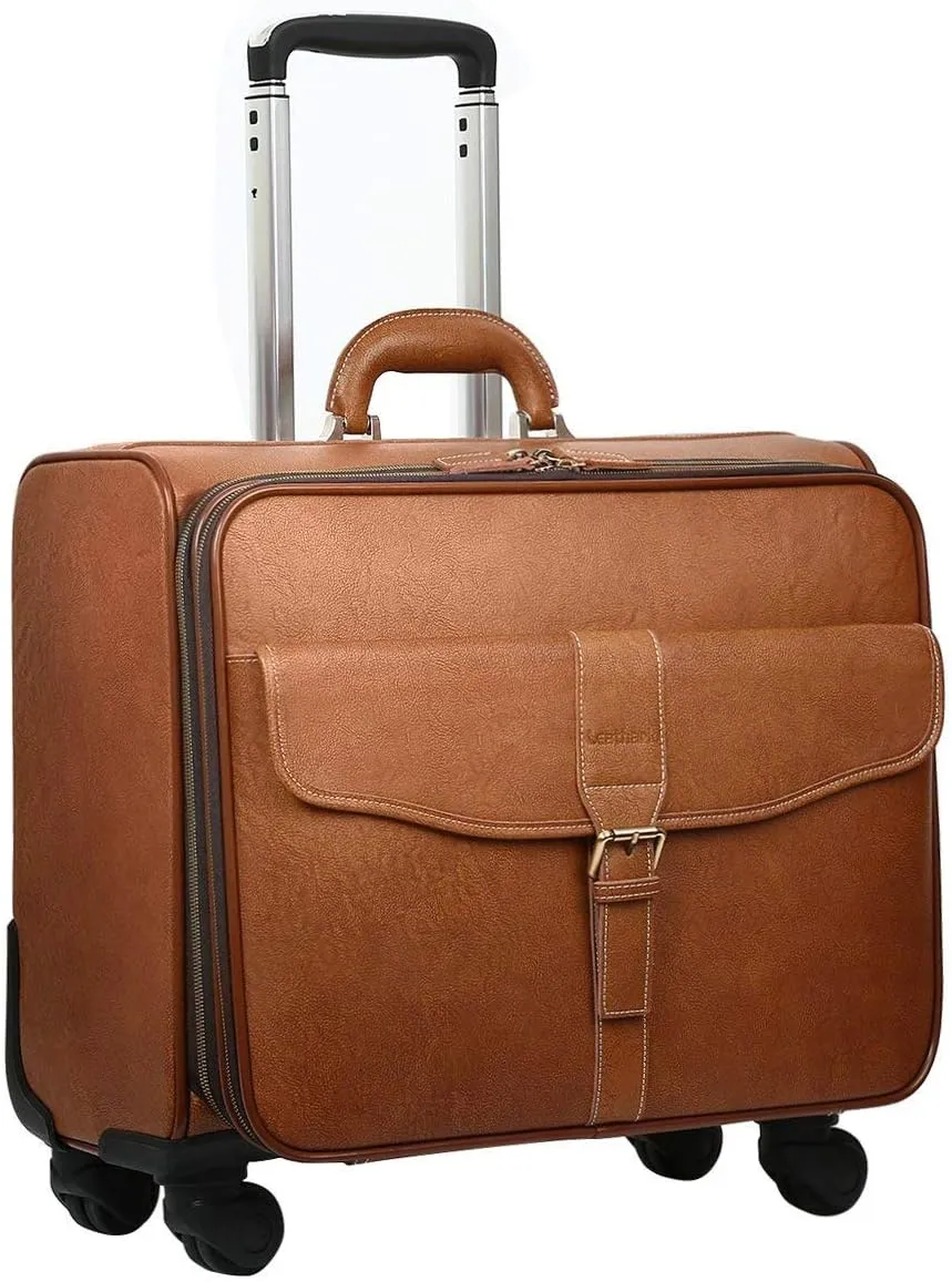 Leathario Leather Rolling Laptop Case Wheeled Briefcase Suitcase Roller Boarding
