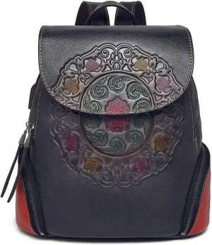 Leather Backpack for Women Organizer Retro Vegetable Tanning leather bag Vintage Embossing Totem (Grey)