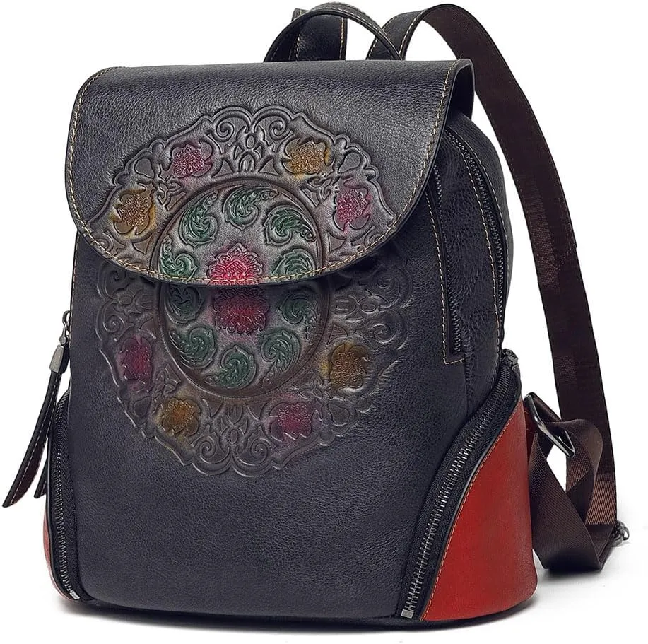 Leather Backpack for Women Organizer Retro Vegetable Tanning leather bag Vintage Embossing Totem (Grey)