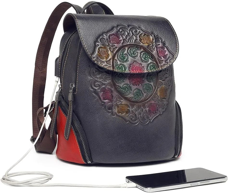 Leather Backpack for Women Organizer Retro Vegetable Tanning leather bag Vintage Embossing Totem (Grey)