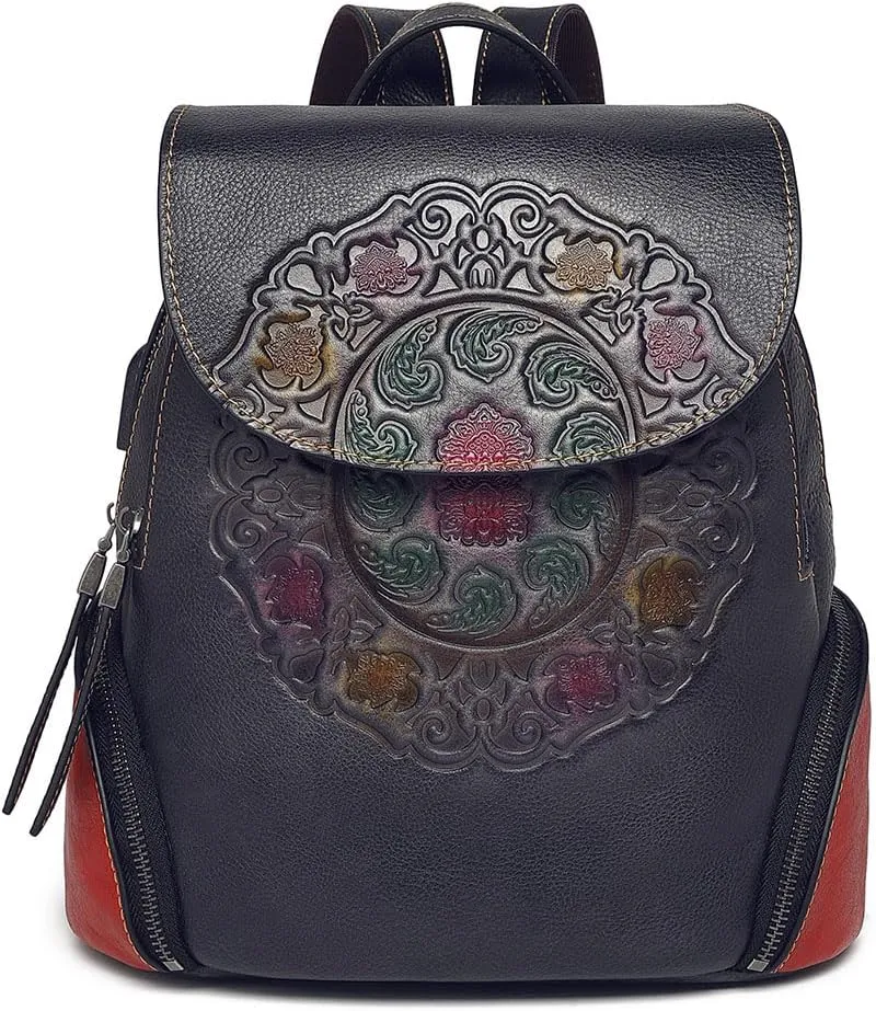 Leather Backpack for Women Organizer Retro Vegetable Tanning leather bag Vintage Embossing Totem (Grey)