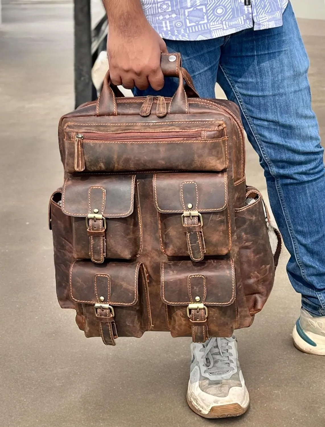 Leather Backpack Rustic brown cowhide leather laptop bag Hiking backpack Hipster Backpack College Backpack for Men Vintage brown laptop bag 18 Inch Laptop bag Leather Rucksack (Large)