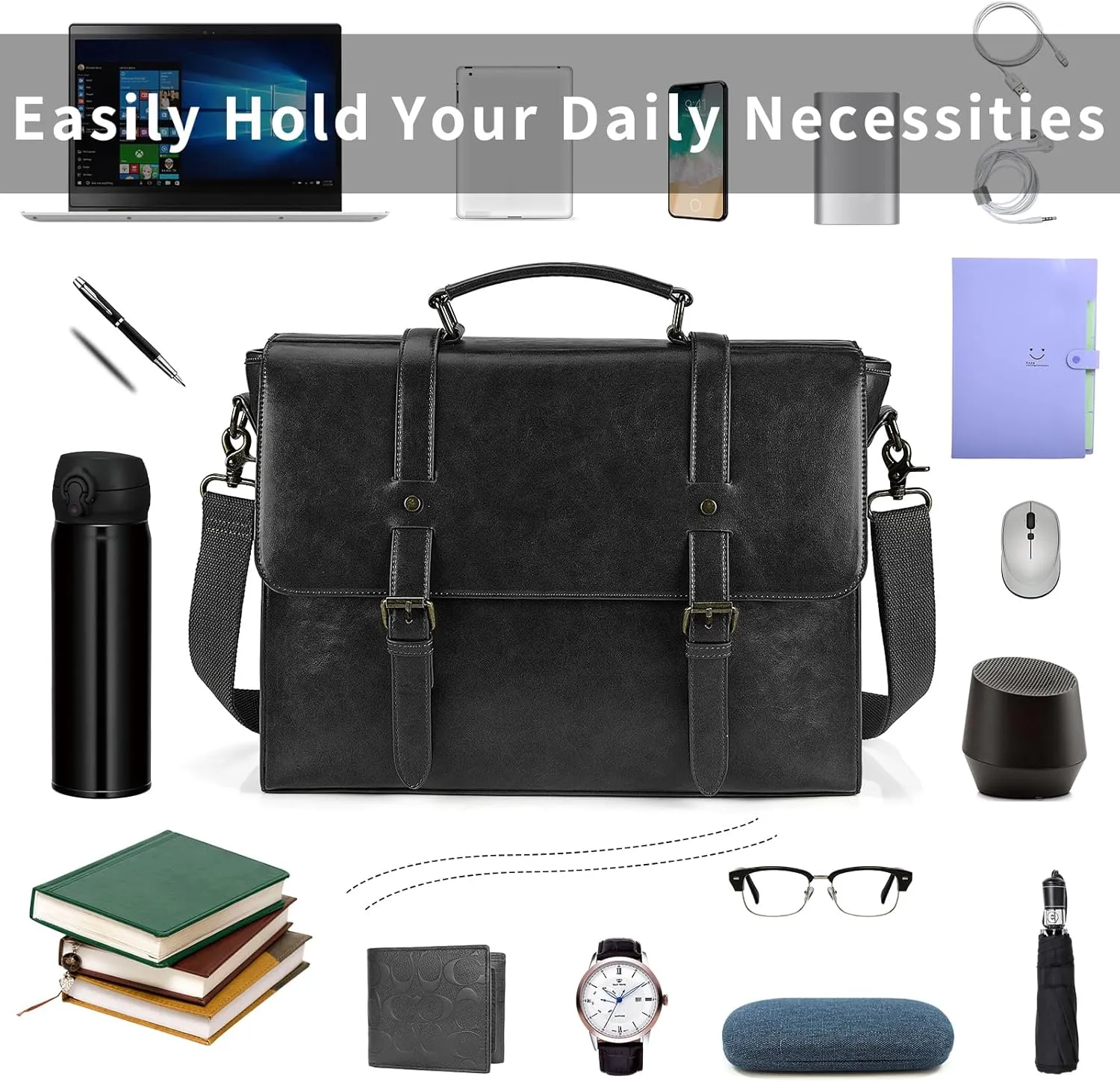 Leather Mens Messenger Bag Vintage 15.6 Inch Waterproof Leather Laptop Briefcase Large Satchel Shoulder Bag Retro Office College Computer Laptop Bag, Black