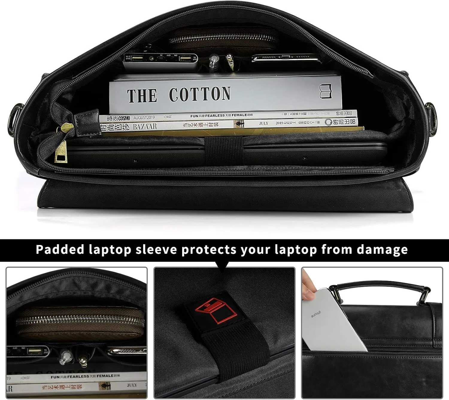 Leather Mens Messenger Bag Vintage 15.6 Inch Waterproof Leather Laptop Briefcase Large Satchel Shoulder Bag Retro Office College Computer Laptop Bag, Black