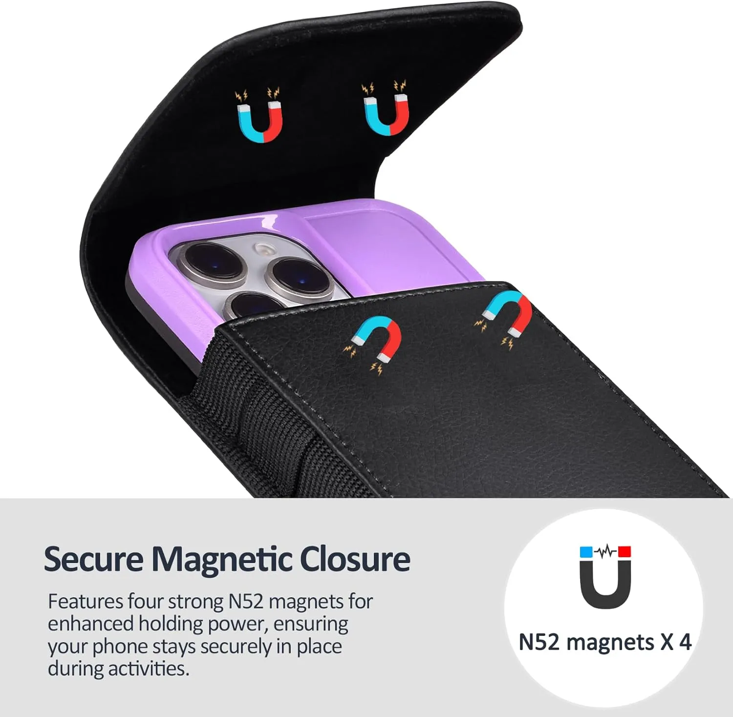 Leather Phone Holster with Strong Metal Belt Clip and Magnetic Closure Compatible with iPhone 16/15/14/13/12 Pro Max, Galaxy S25/S24/S23/S22 Plus & FE, L-Black