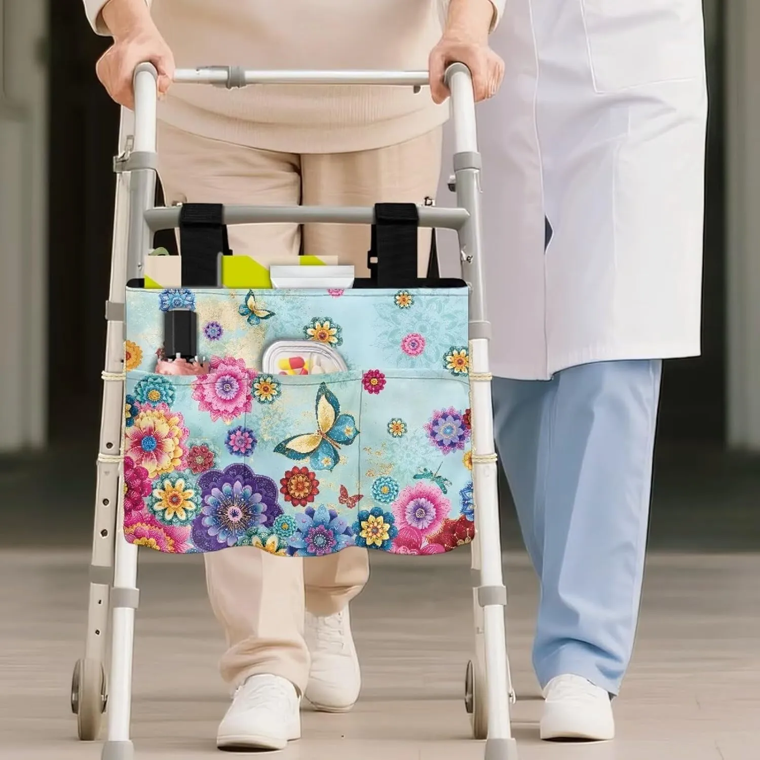 LedBack Butterfly Boho Florals Walker Bag Flowers Durable Large Capacity Storage Bags Lightweight Portable Walker Storage Pouch with Fixed Ropes and Adjustable Strap