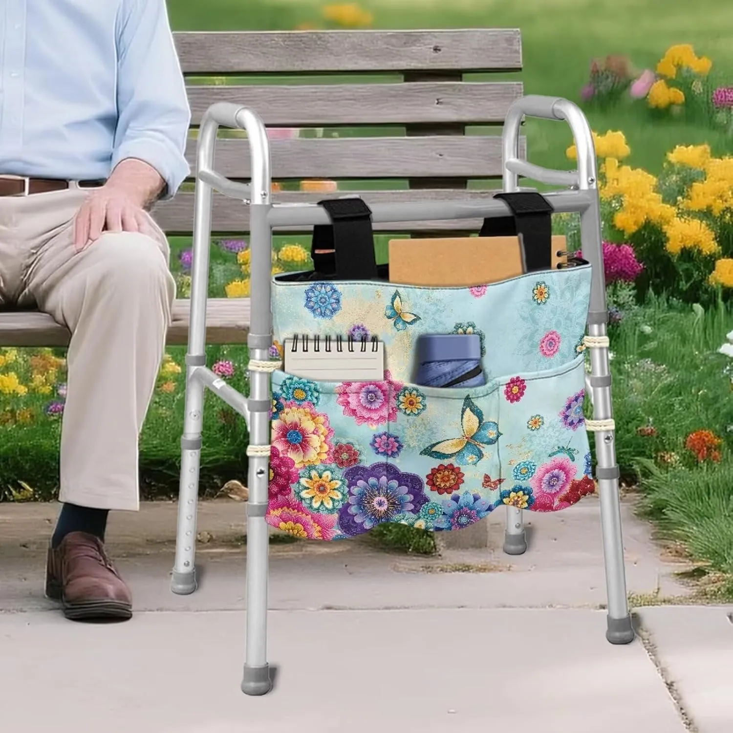 LedBack Butterfly Boho Florals Walker Bag Flowers Durable Large Capacity Storage Bags Lightweight Portable Walker Storage Pouch with Fixed Ropes and Adjustable Strap