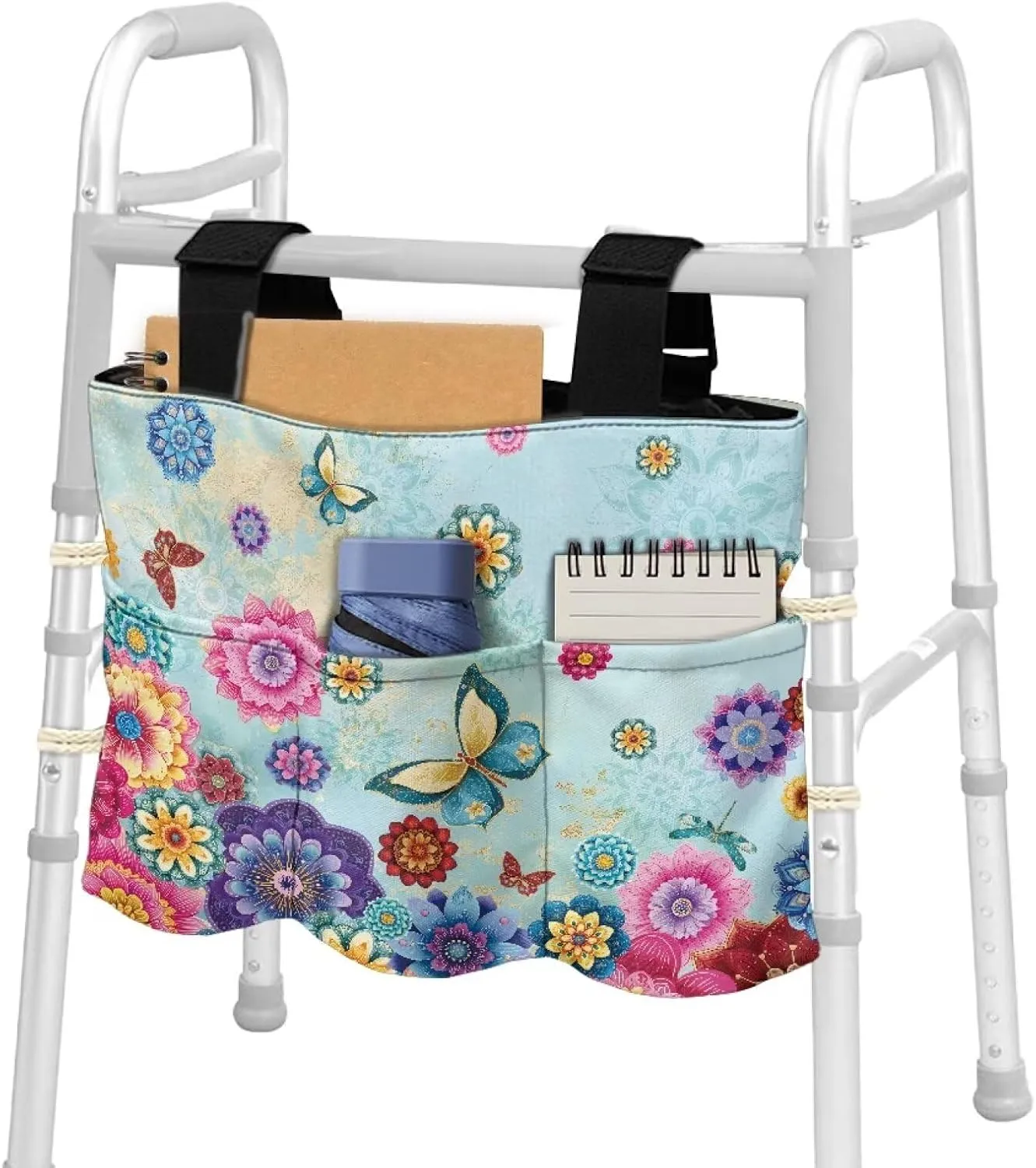 LedBack Butterfly Boho Florals Walker Bag Flowers Durable Large Capacity Storage Bags Lightweight Portable Walker Storage Pouch with Fixed Ropes and Adjustable Strap