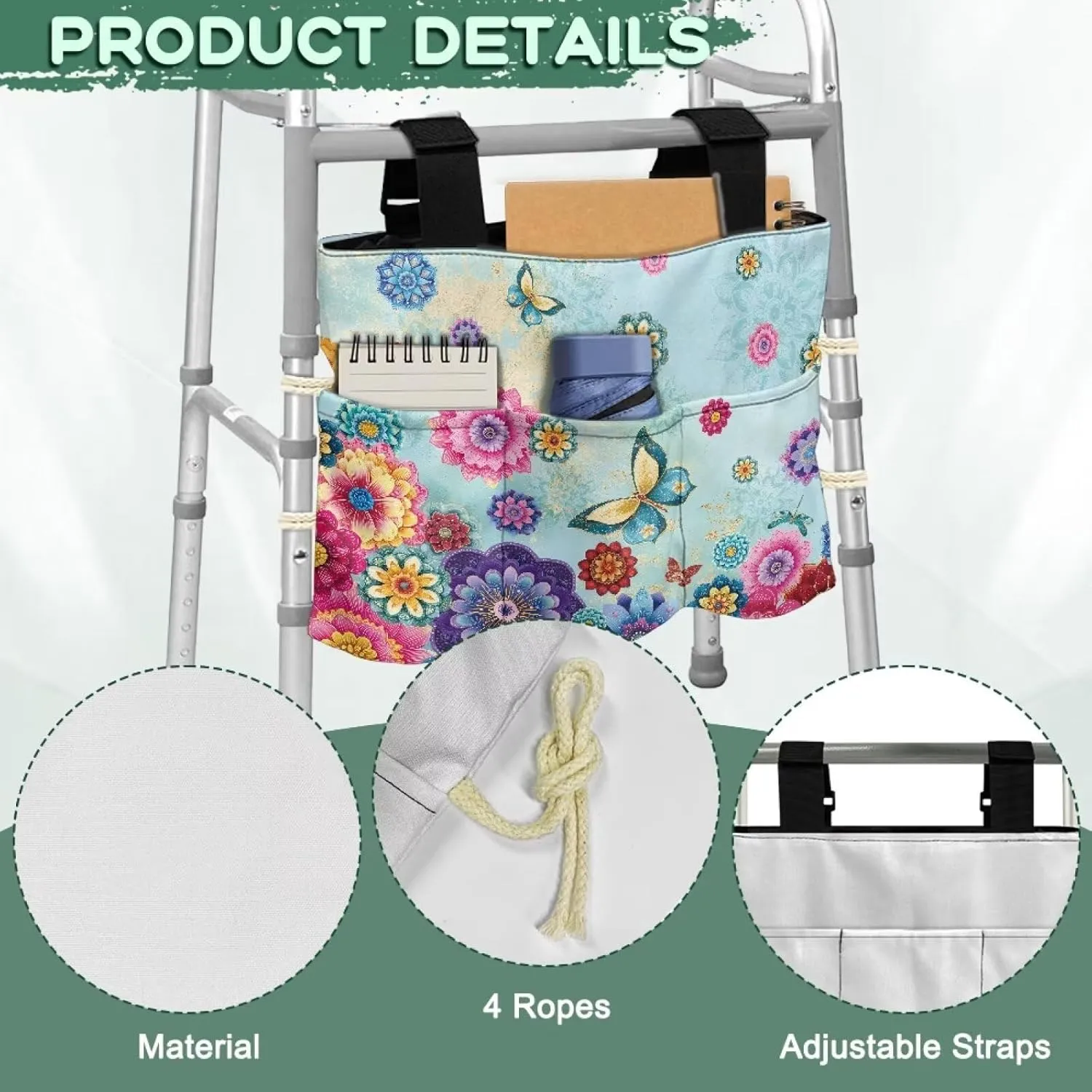 LedBack Butterfly Boho Florals Walker Bag Flowers Durable Large Capacity Storage Bags Lightweight Portable Walker Storage Pouch with Fixed Ropes and Adjustable Strap