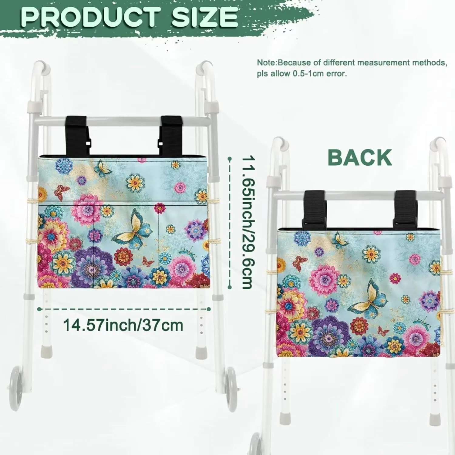 LedBack Butterfly Boho Florals Walker Bag Flowers Durable Large Capacity Storage Bags Lightweight Portable Walker Storage Pouch with Fixed Ropes and Adjustable Strap