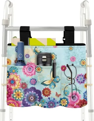 LedBack Butterfly Boho Florals Walker Bag Flowers Durable Large Capacity Storage Bags Lightweight Portable Walker Storage Pouch with Fixed Ropes and Adjustable Strap