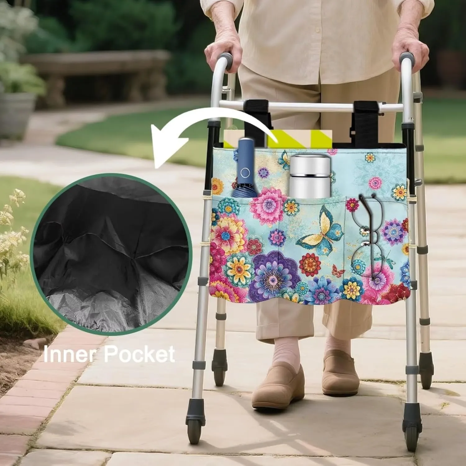 LedBack Butterfly Boho Florals Walker Bag Flowers Durable Large Capacity Storage Bags Lightweight Portable Walker Storage Pouch with Fixed Ropes and Adjustable Strap