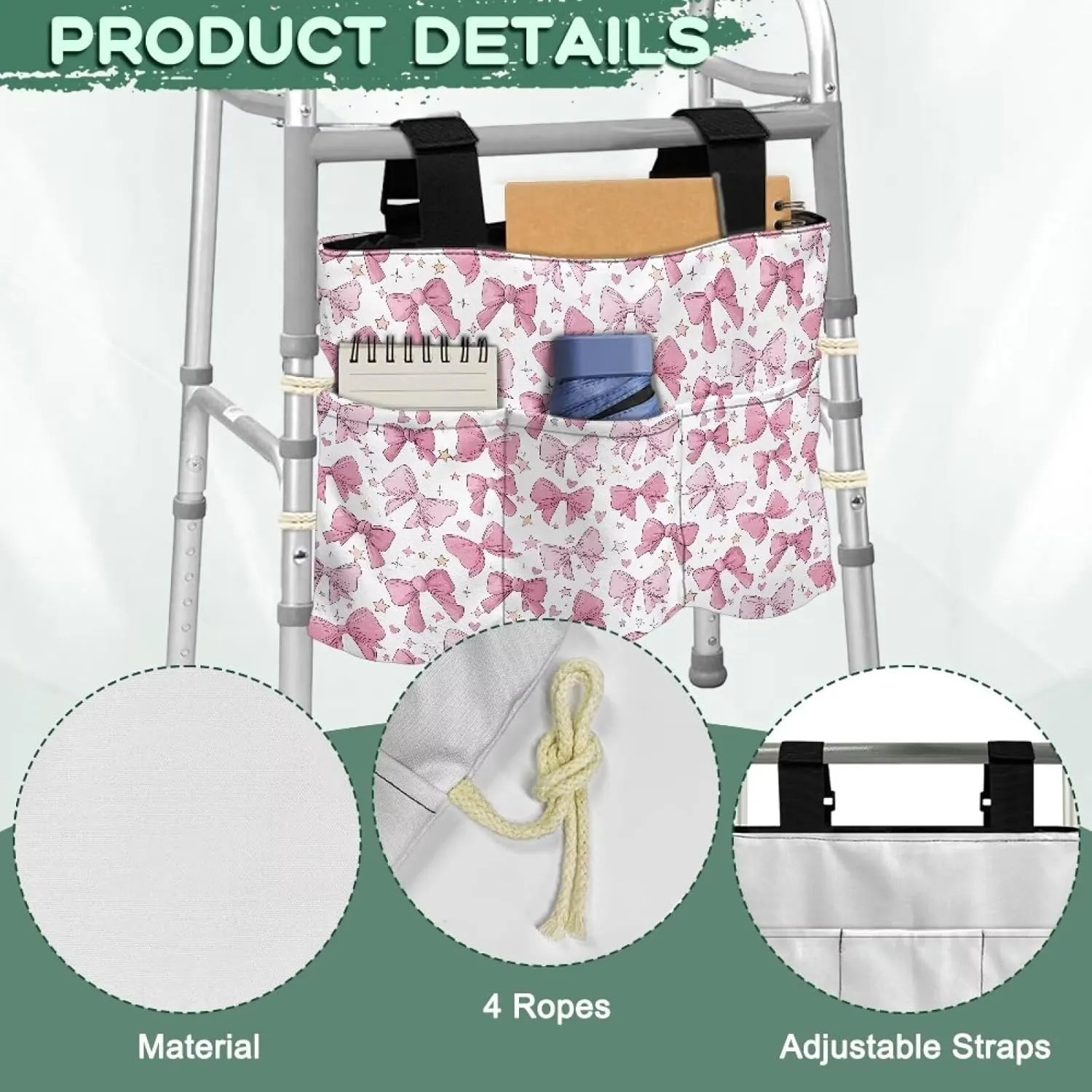 LedBack Pink Bow Tie Print Organizer Pouch Storage Walker Accessories Large Capacity Walker Bag for Seniors Durable Storage Bag with Fixed Ropes