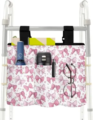 LedBack Pink Bow Tie Print Organizer Pouch Storage Walker Accessories Large Capacity Walker Bag for Seniors Durable Storage Bag with Fixed Ropes