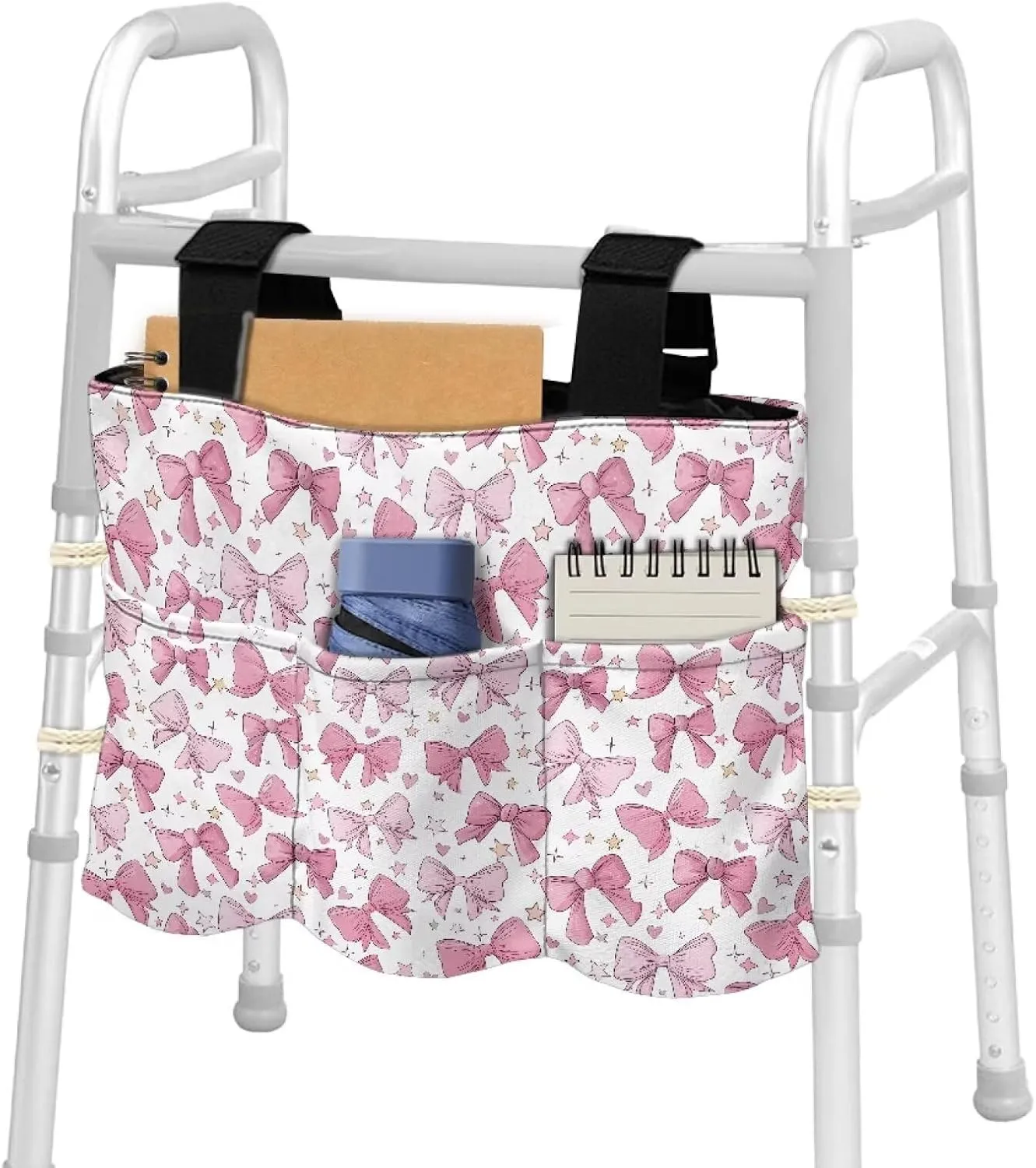 LedBack Pink Bow Tie Print Organizer Pouch Storage Walker Accessories Large Capacity Walker Bag for Seniors Durable Storage Bag with Fixed Ropes
