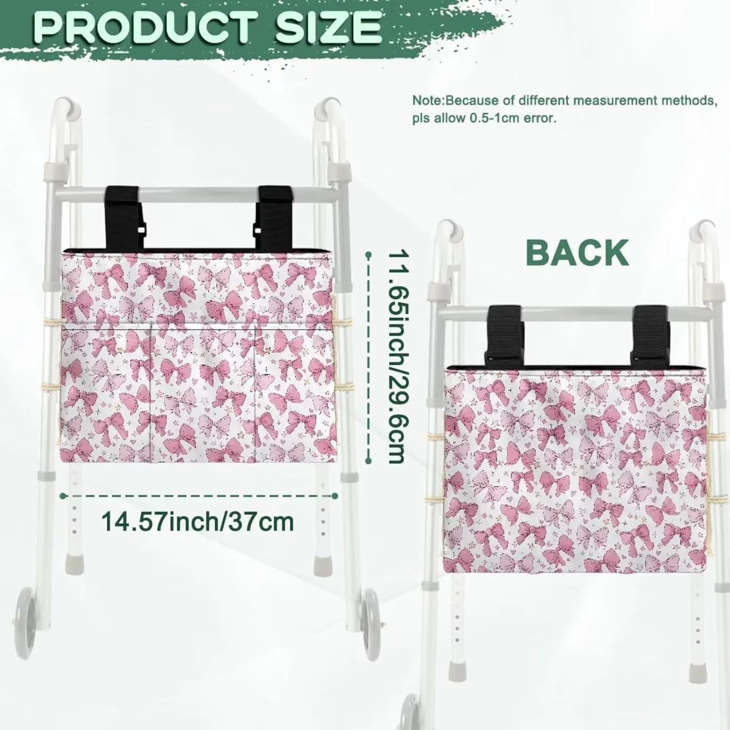LedBack Pink Bow Tie Print Organizer Pouch Storage Walker Accessories Large Capacity Walker Bag for Seniors Durable Storage Bag with Fixed Ropes