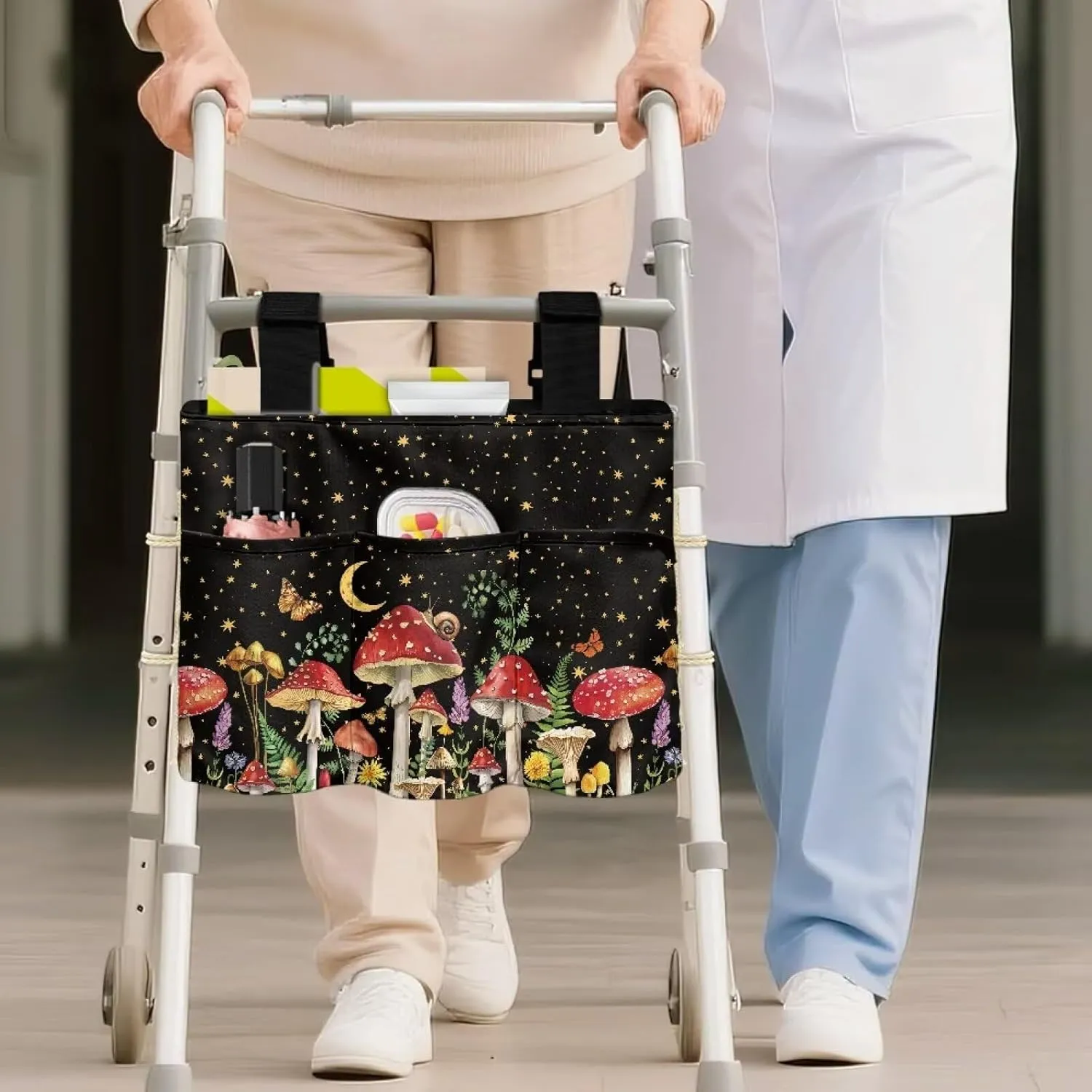 LedBack Red Mushroom Stars Walk Accessories Lightweight Walker Bag for Seniors Large Capacity Organizer Pouch Storage Walker Storage Bag with Small Pockets
