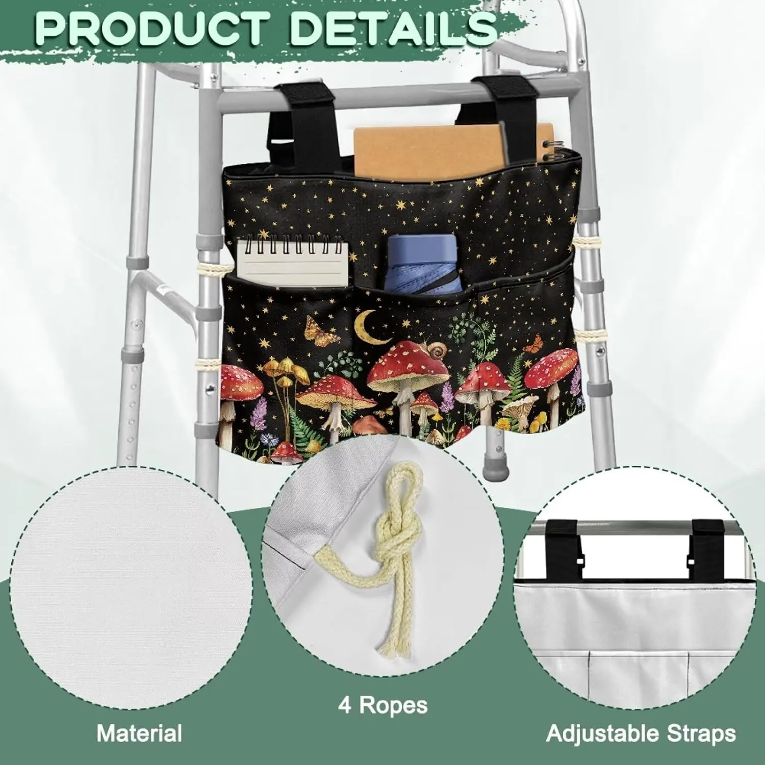 LedBack Red Mushroom Stars Walk Accessories Lightweight Walker Bag for Seniors Large Capacity Organizer Pouch Storage Walker Storage Bag with Small Pockets