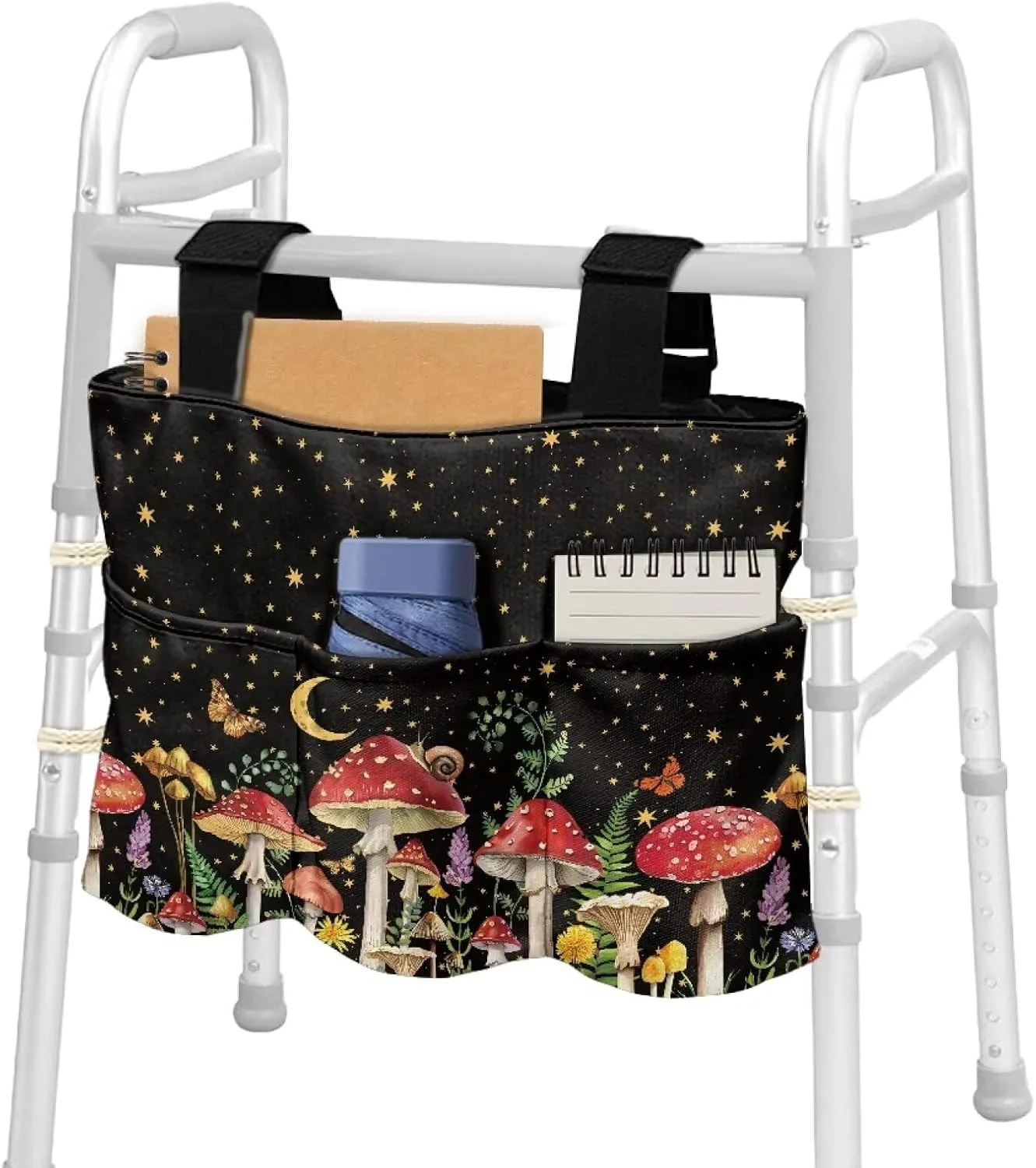 LedBack Red Mushroom Stars Walk Accessories Lightweight Walker Bag for Seniors Large Capacity Organizer Pouch Storage Walker Storage Bag with Small Pockets
