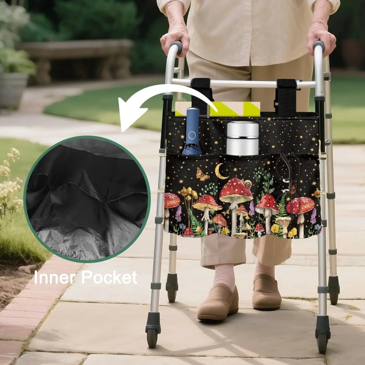 LedBack Red Mushroom Stars Walk Accessories Lightweight Walker Bag for Seniors Large Capacity Organizer Pouch Storage Walker Storage Bag with Small Pockets
