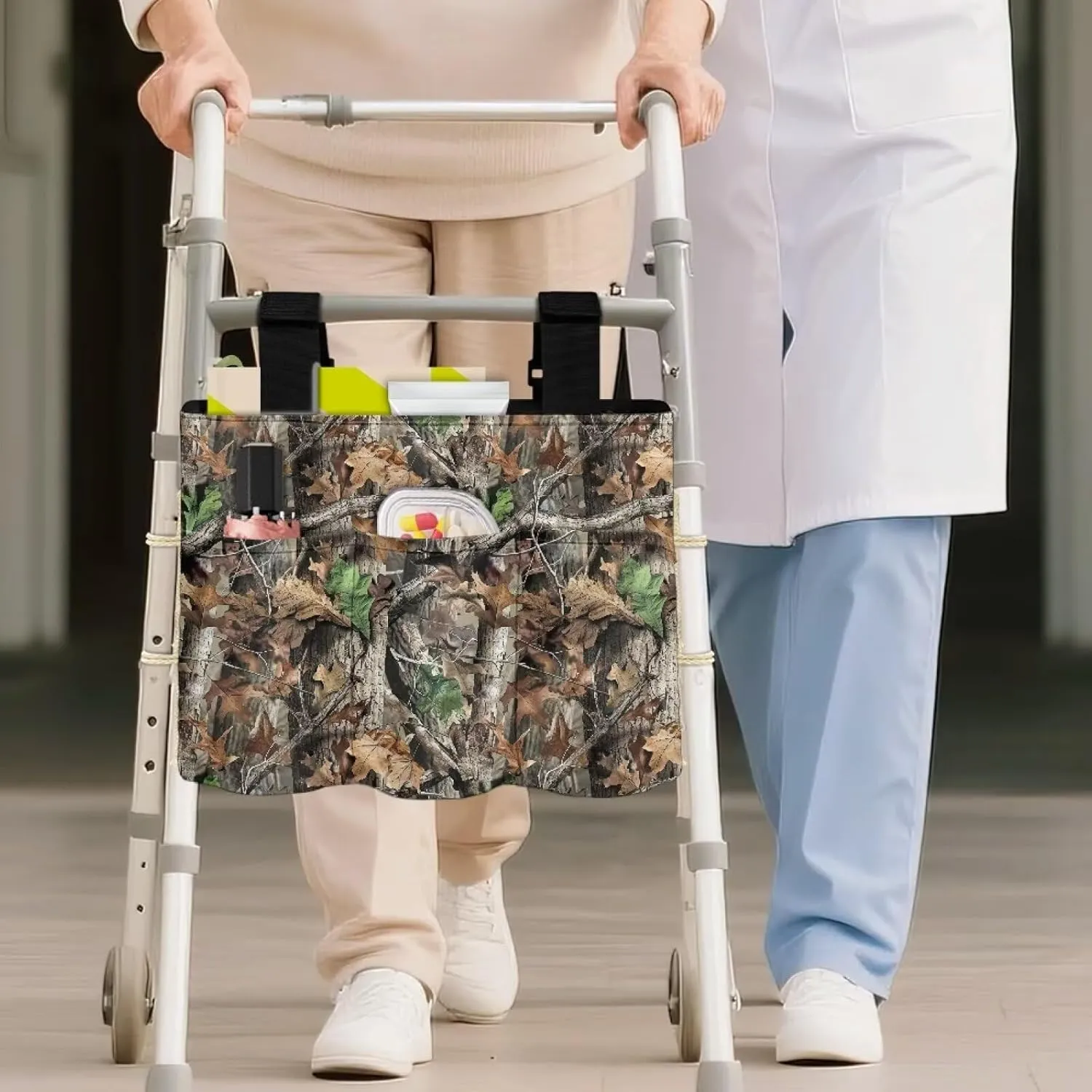 LedBack Walker Bag Large Capacity Organizer Carry Storage Pouch for Seniors Elderly, Tree Branches Leaves Removable Walker Accessories, Easy to Install