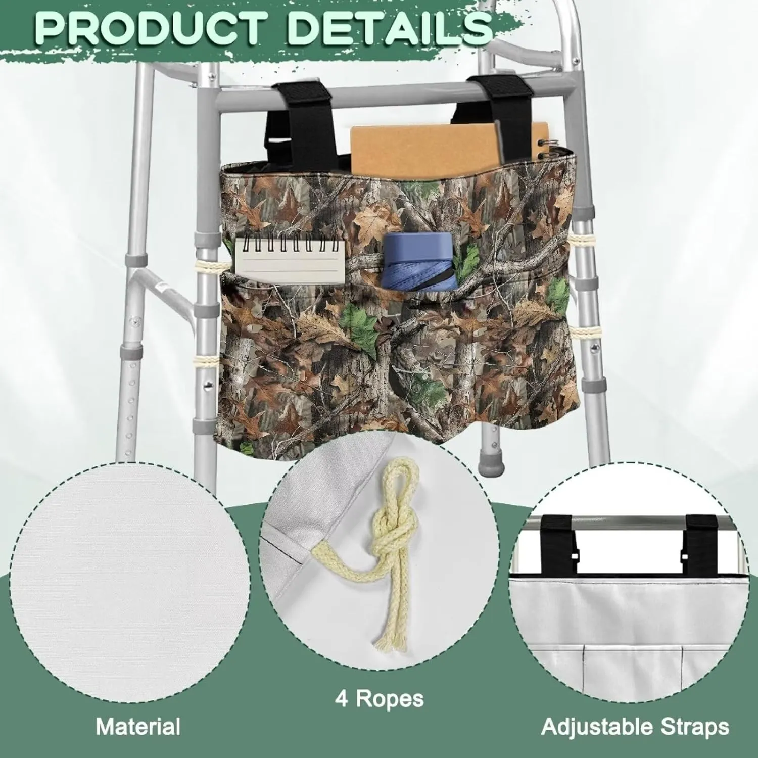 LedBack Walker Bag Large Capacity Organizer Carry Storage Pouch for Seniors Elderly, Tree Branches Leaves Removable Walker Accessories, Easy to Install