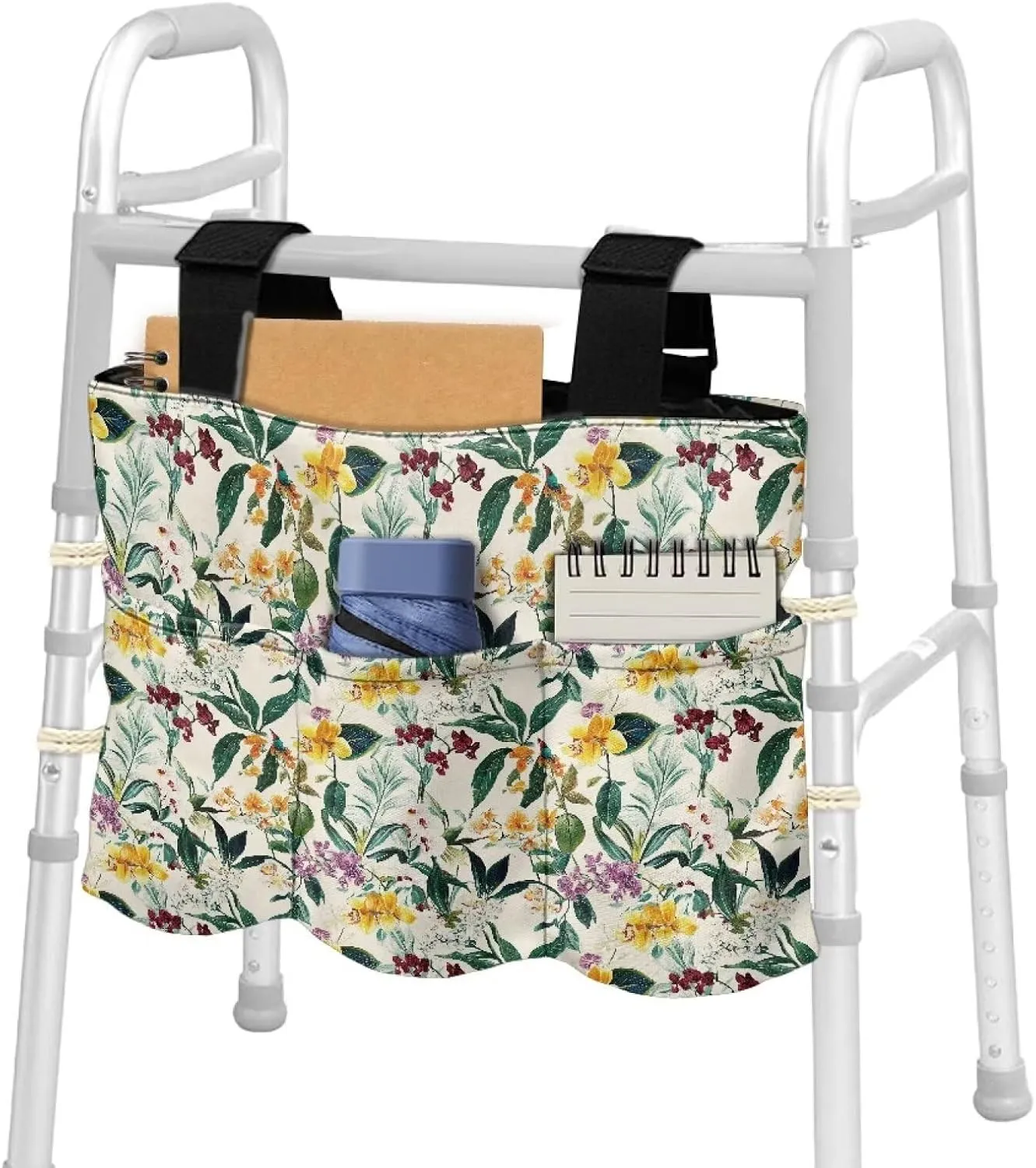 LedBack Walker Bags for Folding Walker, Lightweight and Durable Organizer Tropical Florals Leaves Print Large Capacity Portable Storage Bag with Small Pockets, Easy to Install